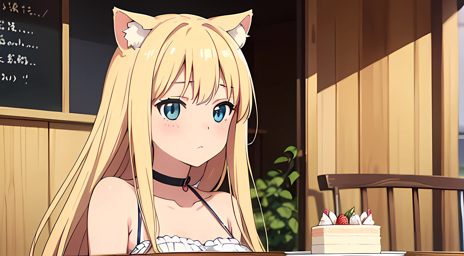 (1 nekomimi girl, without human ears),(beautiful eyes finely detailed, Face to detail, blonde hair, long hair), wearing summer style dress, enjoying a cake at cafe, sitting on cafe, and shy facial expression, blush on her face, camera angle from front, looking at you, masterpiece, top-quality, detailed, High resolution illustration