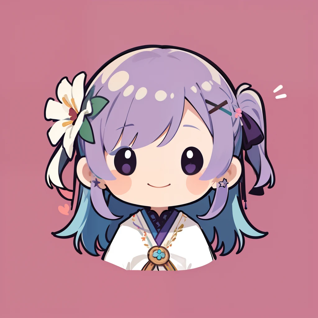 超A high resolution, nffsw, Best aesthetic, Best Quality, masutepiece, Flat Avatar, Perfect litthing、(colourfull、vivd colour: 1.4)、outside of house.Girl with shining eyes with cotton candy, A smile, hair adornments, Chibi, simple background, purple color hair, 耳环, X Hair Ornament, jewely, side locks, large oval eyes,Flat Avatar, A smile, head shot, Flower background
