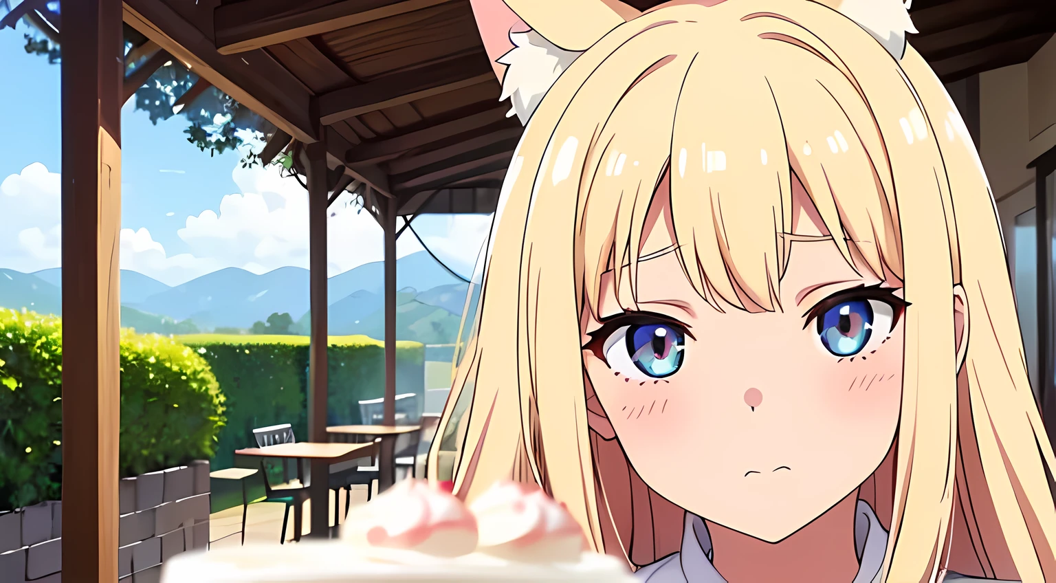 (1 nekomimi girl, without human ears),(beautiful eyes finely detailed, Face to detail, blonde hair, long hair), wearing summer style dress, enjoying a cake at cafe, sitting on cafe, and shy facial expression, blush on her face, camera angle from front, looking at you, masterpiece, top-quality, detailed, High resolution illustration