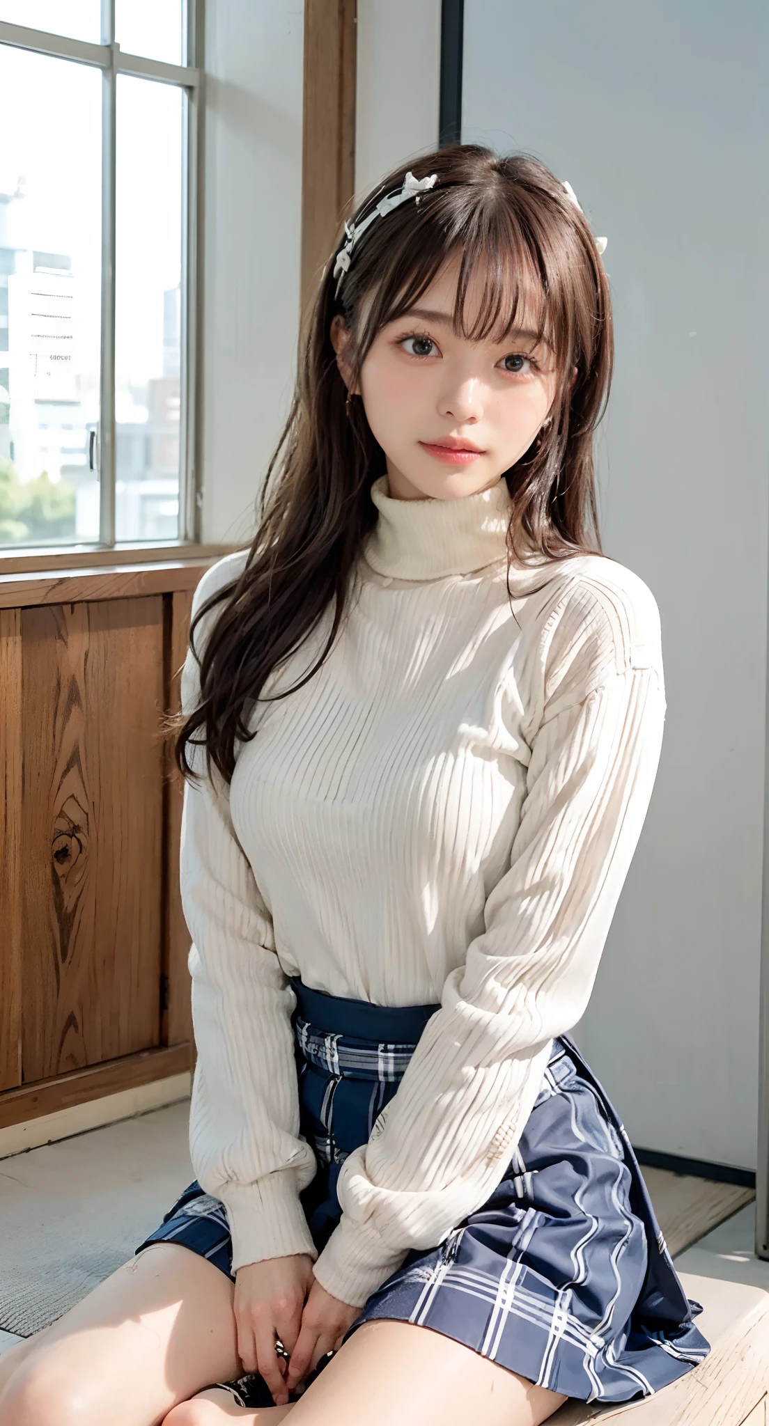 (((Kamimei、Bun hair、Embarrassing、red blush、embarrassed from、Mouth ajar))),(((((Navy School Blazer、Grey checked skirt、small tits、oestrus、I'm、Cute bra、Cute panties、Cute 、Cute Camel Toe、Panties are wet、skirt rift、I'm showing my panties、Turtleneck sweater、no sleeves、high-heels))))),((In the office、In the company、In the reception room、frombelow))、masutepiece, 1girl in, best qualtiy, Ultra Detail, (shiny), (Small)、(((with blush cheeks,))),Ray tracing,Perfect Lighting, (milky skin:1.2),reflection,  up looking_で_viewer, blush, bow ribbon, yellow_Eyes, White choker, Low_Twin-tailed、Japan's cutest 28-year-old beautiful girl、Small ribbons in the hair、Contrast Legs