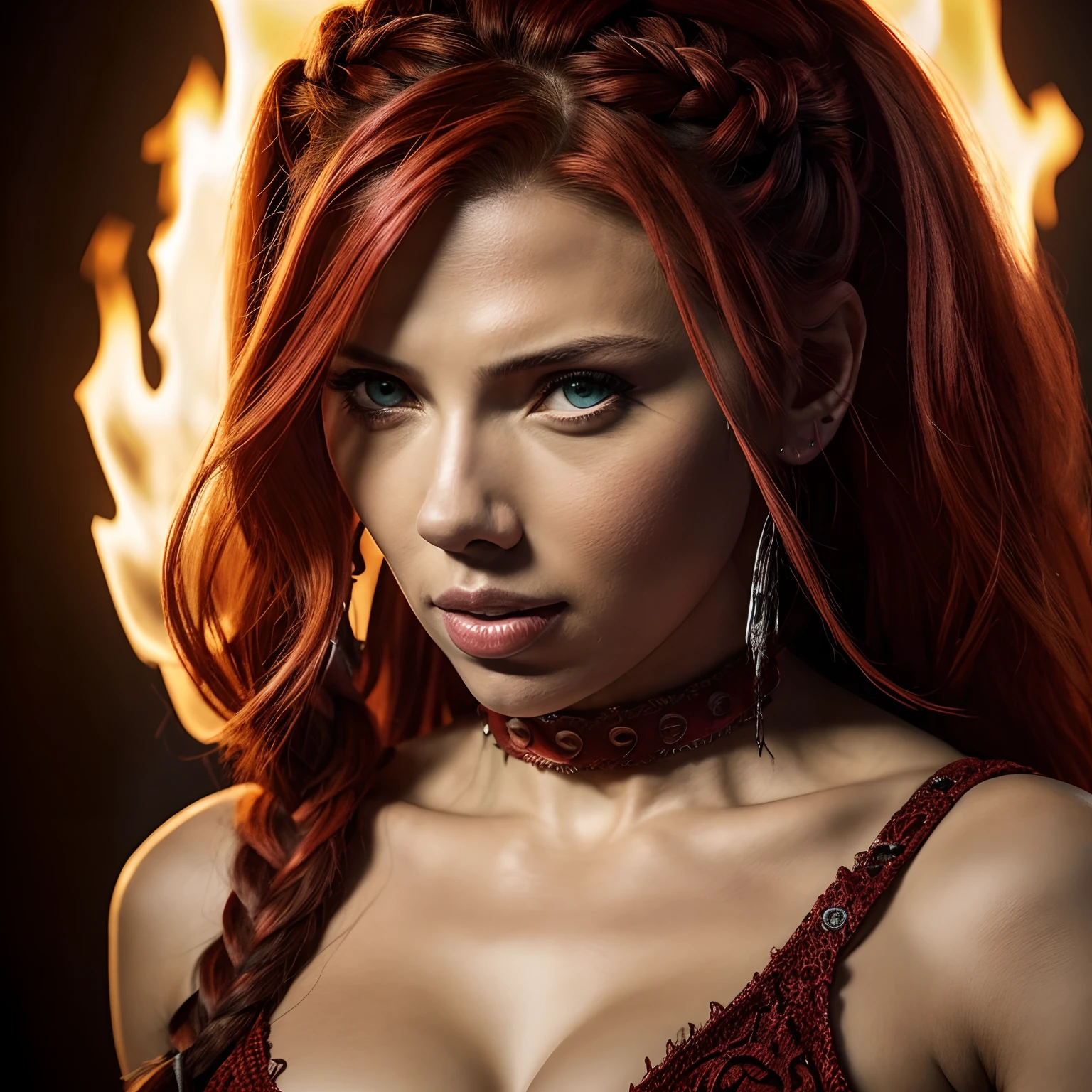 Berserker, barbarian woman(Scarlet Johansson),  Arte de Fantasia, of his gaze alone enemies beginning to panic, one head, devilish smile, besta do inferno, demonio, White Fire Sky, guerreira, com foice e escudo, Linda, Mulheres, Werelion, Long red braided hair, olhos dourados brilhantes, realista, altamente detalhados, Motor irreal, 8k de luxo