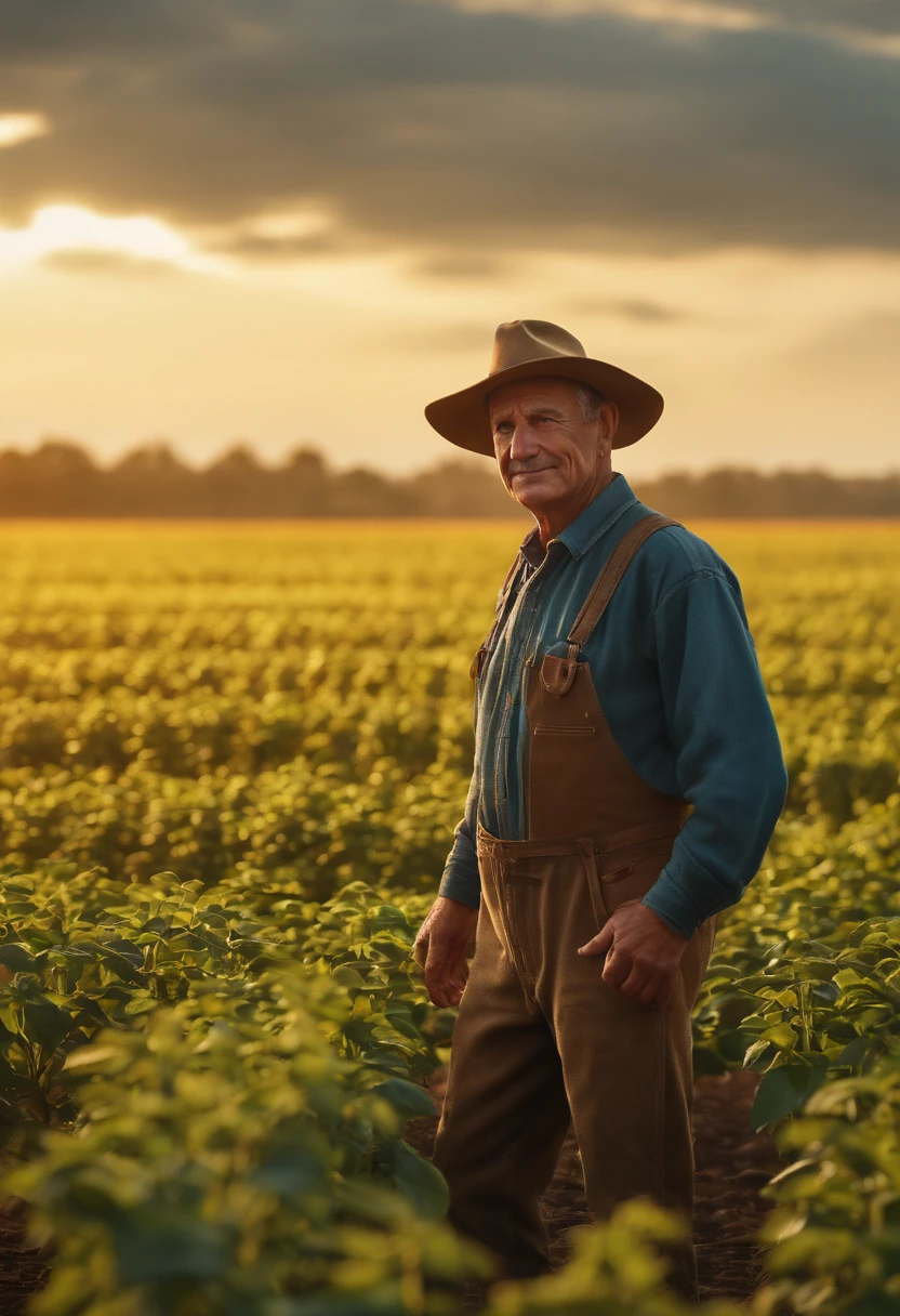 50-year-old farmer in the foreground and a soybean plantation in the background. Estilo 3D pixar, imagem aberta. UHD, textured skin, 16k, high details