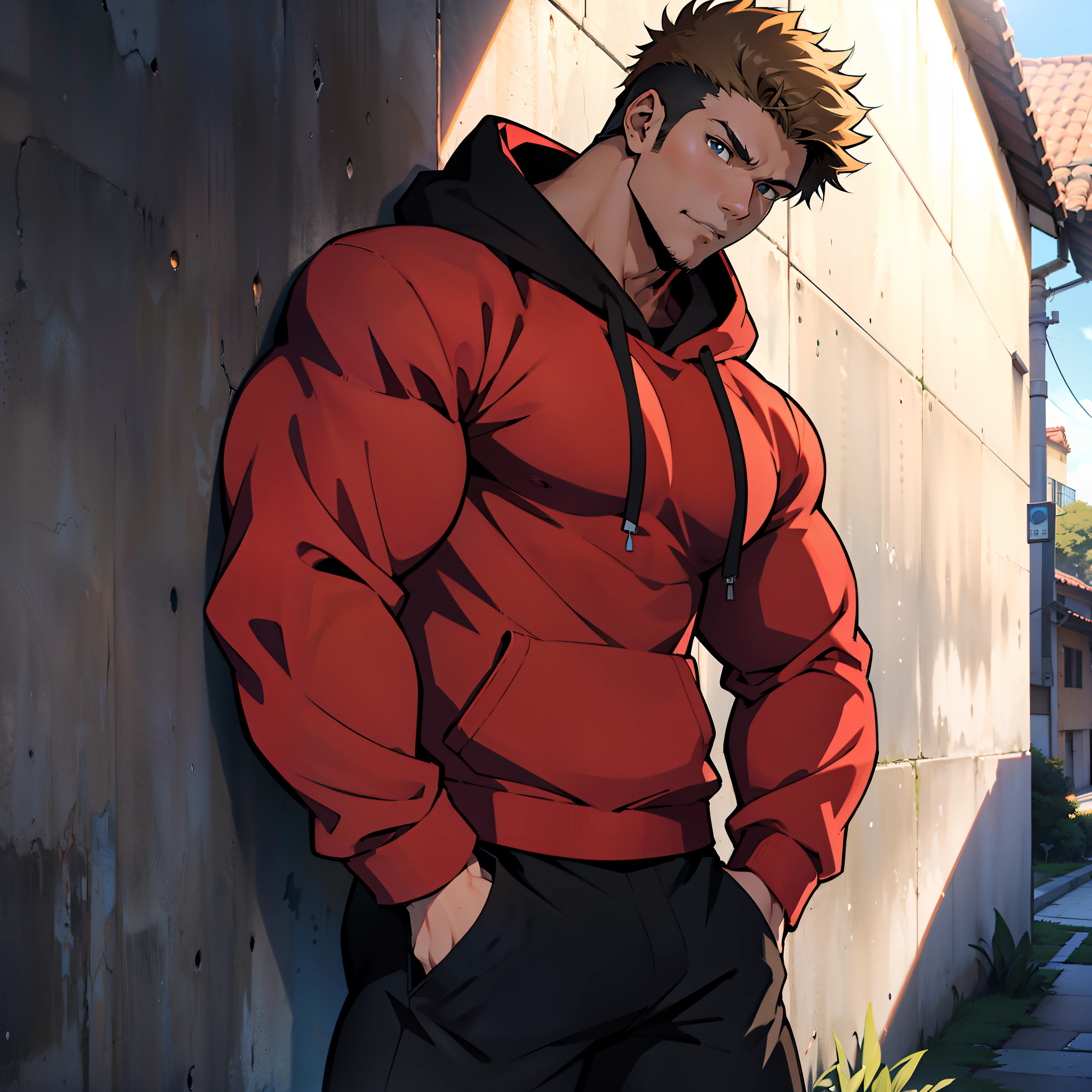 ((arte estilo anime)), imagem superior, angulo de cima para baixo, personagem masculino extremamente musculoso, corpo de bodybuilder, wearing a long-sleeved blouse with hood covering the head, Character is leaning against a wall with his hands in his pockets, Scenery of the Urban Center, rua movimentada, constructions, pessoas e veiculos. Personagem protagonista de anime, imagem bonita, disco Rigido, 4k, Protagonist character leaning against a wall with his hands in his pockets, (((imagem angulo superior)))