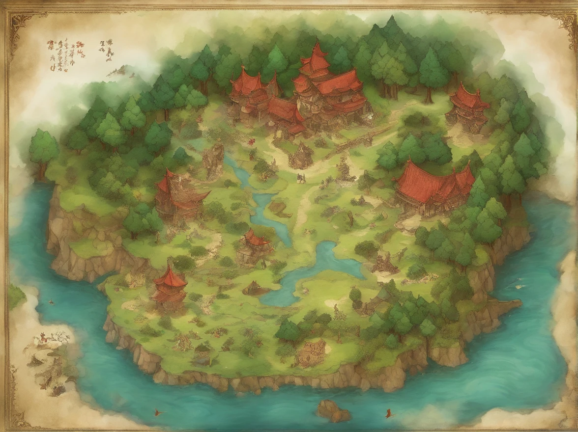 Aerial view taken from top to bottom directly from the drone, Parchment map of the forest, Ice and thunder, dungeons and dragons, Final Fantasy, art for the game, (Coherent architecture and interior design, With realistic proportions and textures, intricately details, handpainted, vibration, Cinematic lighting, Master parts, 8K:1.2),World map,In the middle of the map is a lake, Map perimeter, There are mountains, at the bottom of the map,sea beach, There is no house, Tolkien, Map of the forest, There are no cities,There are verses written on it:Gold list。Occasionally, the dragon's head is missing。Ming Dynasty temporary relics,How to。Attempted success,Fight for it。There is no need to talk about mourning。Talented lyricist,He is a white-clothed minister。Fireworks Alley,Iyodanqing Barrier。Luckily, I have someone in mind,Can be searched。And the red leaning on the green,Affair、Life is smooth。Youth is paid。Bear with the floating name,Changed to a shallow low singing。