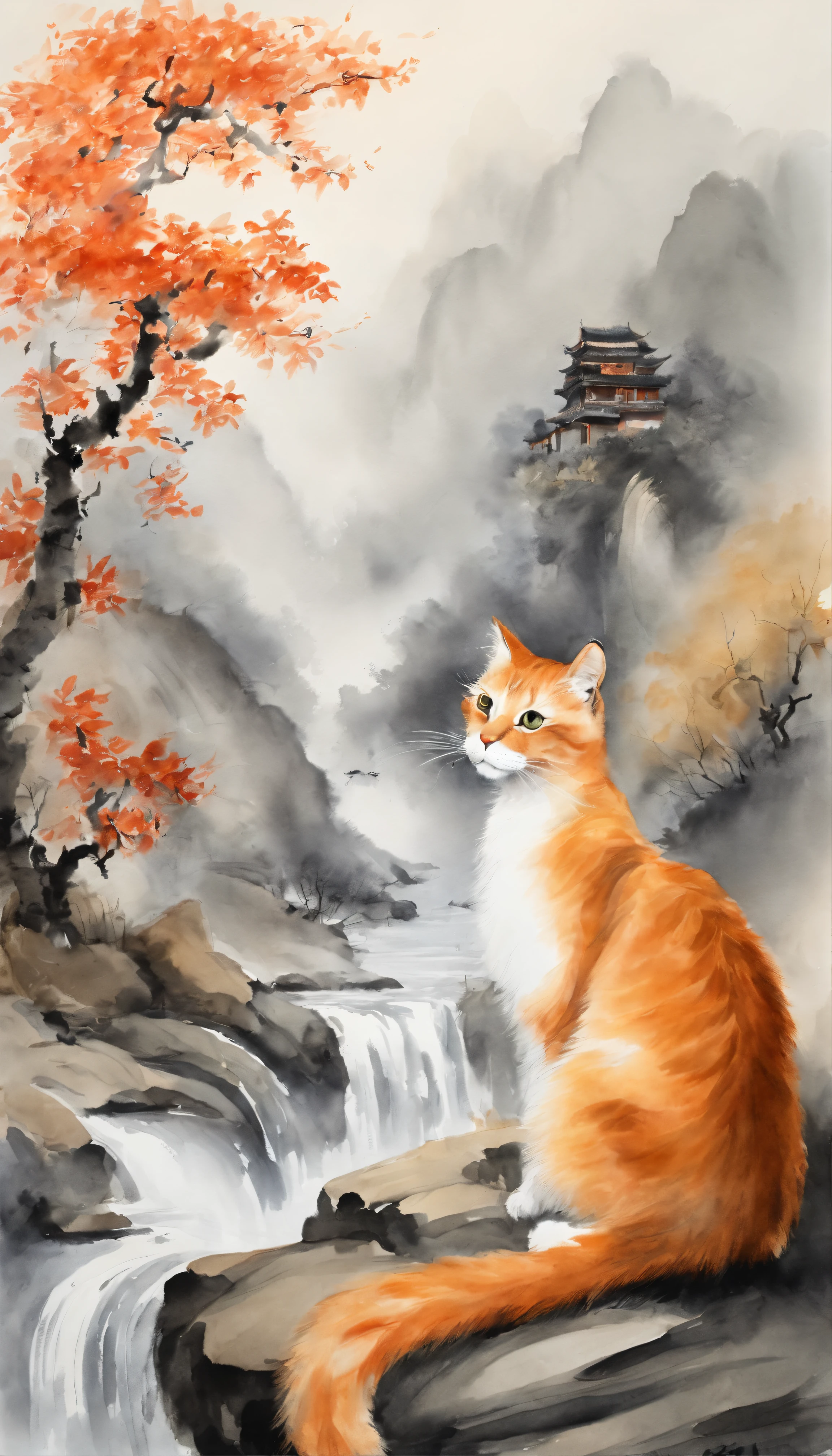 An orange cat sits on a rock under a tree, Chinese watercolor style, Chinese painting style, Chinese style painting, Traditional Chinese Ink Painting, author:the sea, Traditional Chinese painting, author:Shen Mao, author:Park Hua, author:You as a man, author:Dai Jin, author:author:Qu Leilei, Chinese ink painting, by Ai Xuan