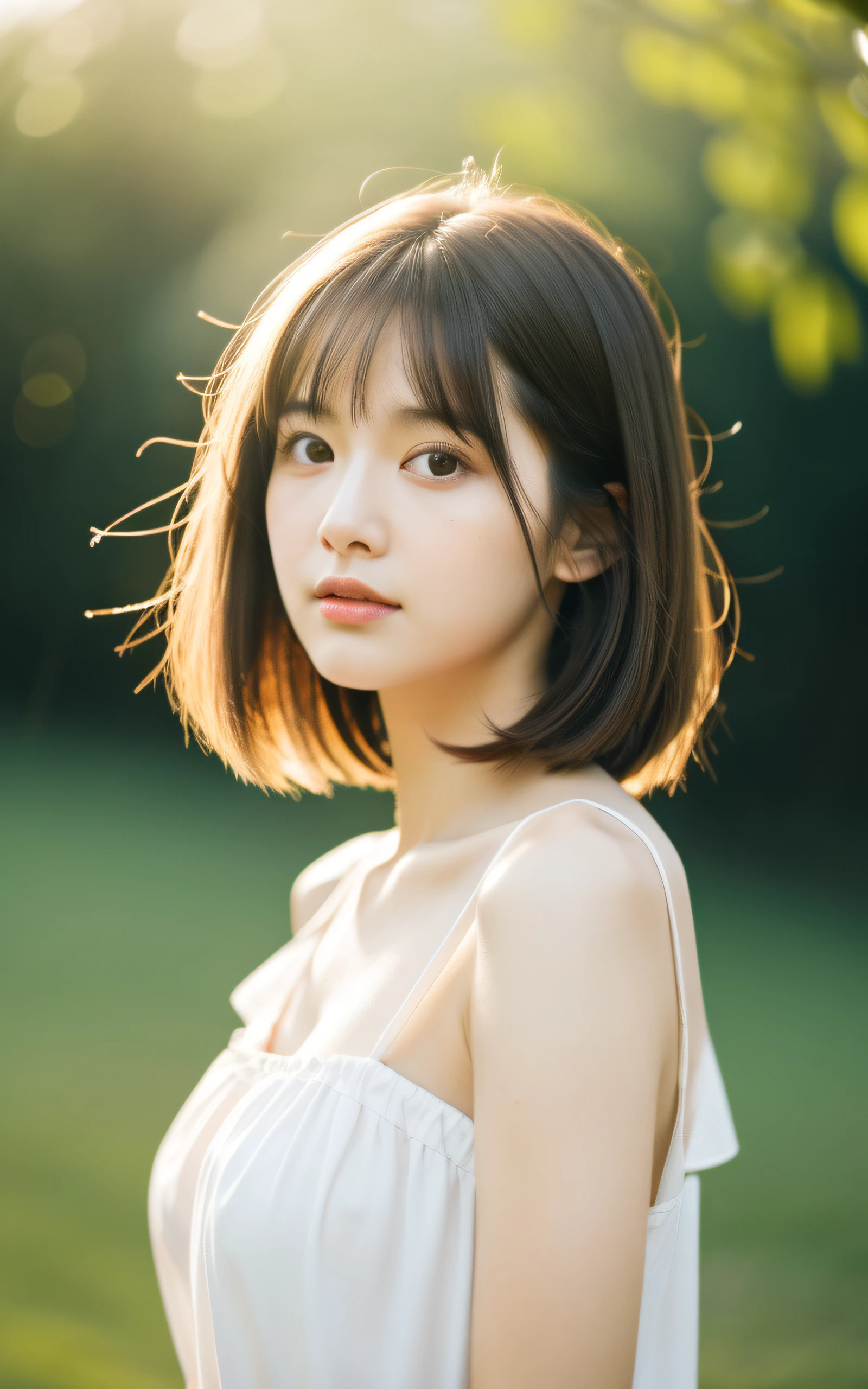 masutepiece, Best Quality, 8K, 1 girl, a Japanese cute girl, In summer, forest, stream, out of focus, 18 yo, Large breasts, Mouth slightly open, cute little, Solo, sad, sad, Summer dress, Girly, Delicate girl, Neat and clean beauty, Raw photo, Professional Photography, Portrait, Soft light, Professional Lighting, Back lighting, Upper body, see the beholder, Sophisticated, Film grain, (Eyes and faces with detailed:1.0), Short hair swaying in the wind, beautiful flowing brown hair,