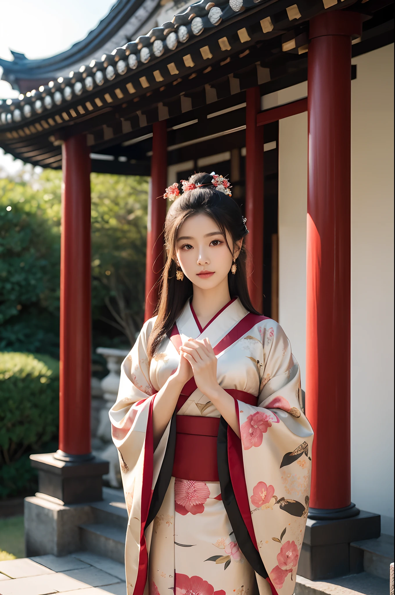 Por favor, crie uma imagem de uma elegante mulher de origem japonesa vestindo um kimono tradicional. The kimono is made of black silk with floral details in shades of red and gold. She is standing in the garden of an ancient temple early in the morning, With the soft light of the rising sun illuminating the scenery. A mulher tem cabelos longos e escuros, penteados em um coque elegante, And she delicately holds a Japanese fan in one hand. Her facial expression is serene and contemplative, conveying a sense of tranquility and grace.