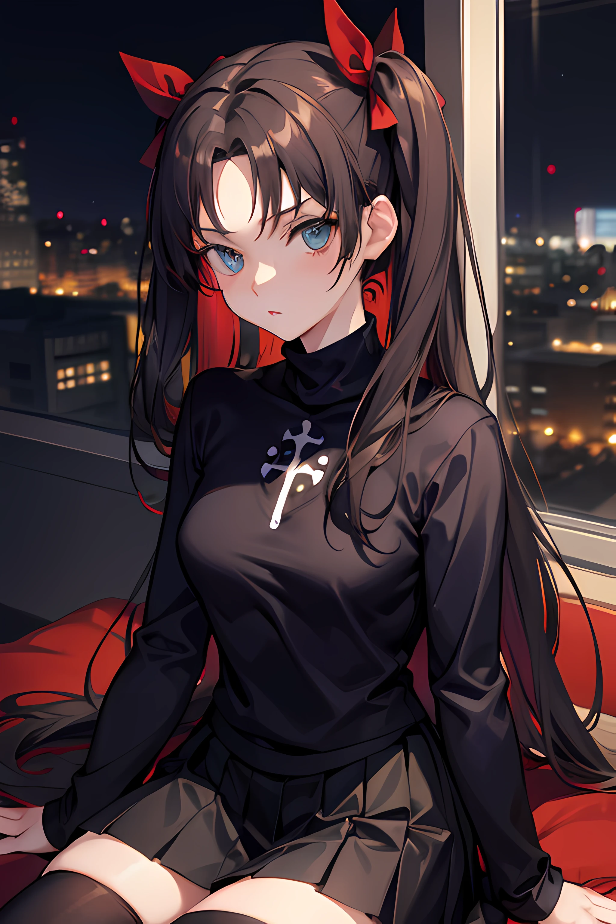(masterpiece), best quality, expressive eyes, perfect face, 1girl, solo, rintohsaka, rin tohsaka, aqua eyes, black hair, hair ribbon, long hair, ribbon, sidelocks, two side up, black skirt, black thighhighs, long sleeves, miniskirt, pleated skirt, ((red sweater)), skirt, sweater, thighhighs, turtleneck, city background, sitting, character sheet, upper body, portrait, looking at viewer,