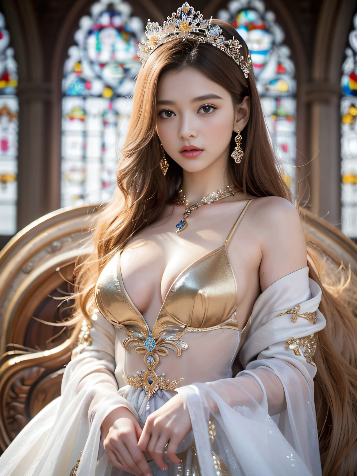 masutepiece、masutepiece、ultra-definition、accurate depiction、extremely high detail、8K picture quality、one girls、(18 year old pretty woman、18year old)、small head、Cute face、a blond、half up、Blue eyes、perfect glossy skin、((tre anatomically correct))、Perfect body:1.1、high-level image quality、masterpiece、Look at viewers、(White princess dress、Golden flower embroidery)、sexypose、Overflowing breasts、the royal palace、Large stained glass windows、Enveloping her presence with delicate particles、Soft light、divine atmosphere、Photoreal Stick