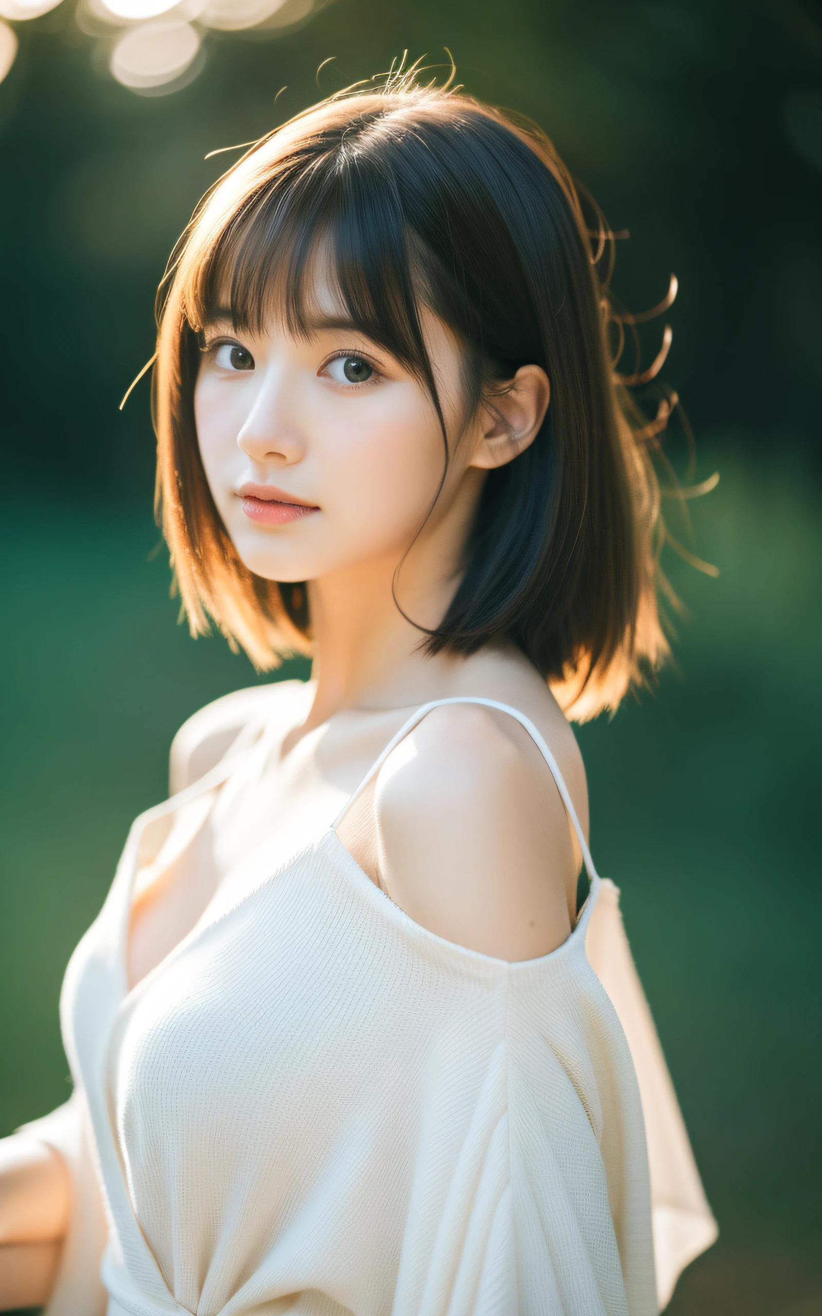 masterpiece, Best Quality, 8K, 20 yo, Large breast, Raw photo, Professional Photography, Portrait, Soft light, Professional Lighting, Back lighting, Solo, sad, close up, Cute, Girly, Delicate girl, Neat and clean beauty, Upper body, Looking away, Sophisticated, Film grain, (Eyes and faces with detailed:1.0), Medium length hair swaying in the wind, bangs