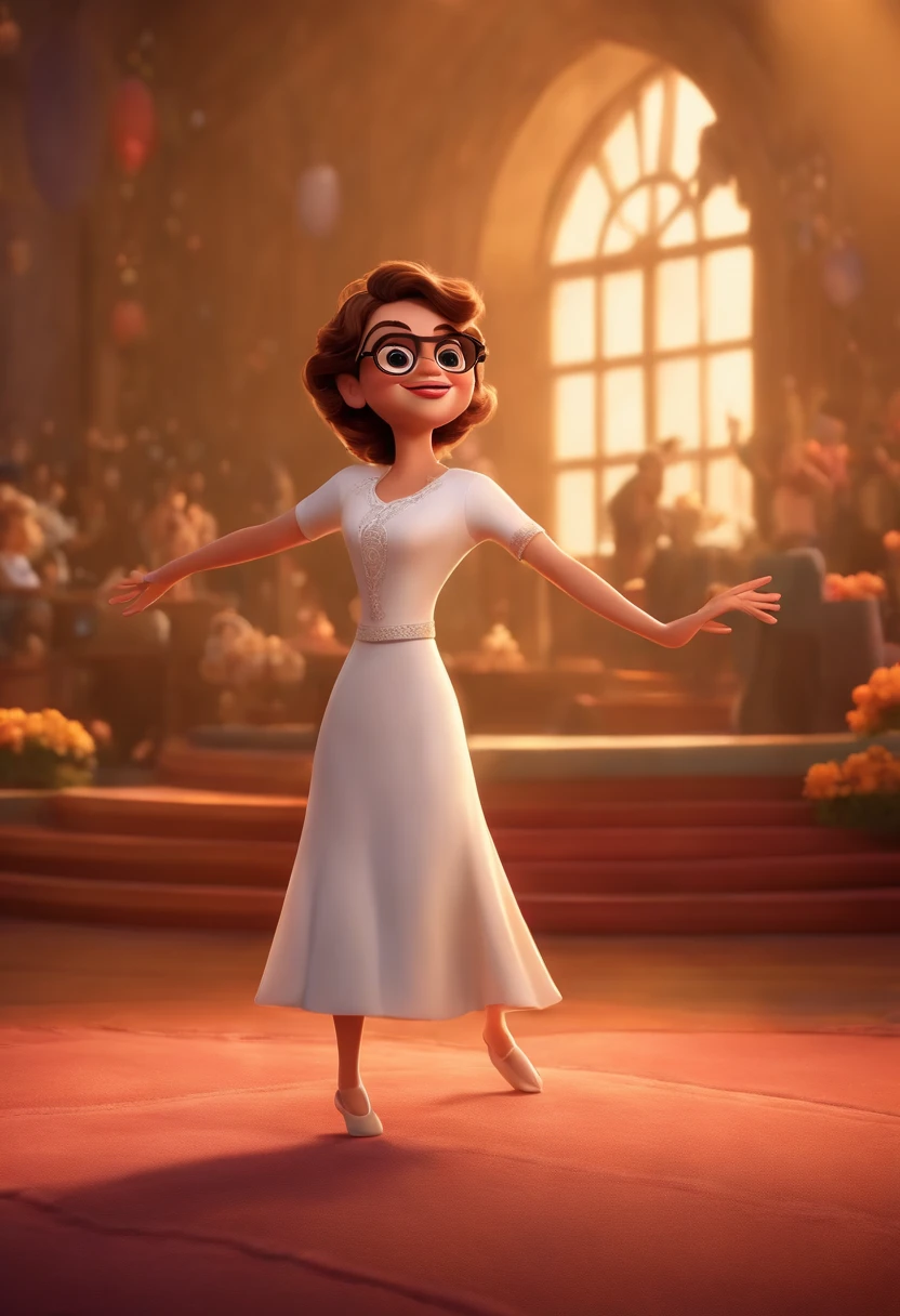 "(best quality,ultra-detalhado,Realistic:1.37),3D rendering,illustration,design de personagens,cabelos curtos e cacheados escuros,belos olhos detalhados,wearing white glasses,Estilo Pixar,morena mulher,Dancing on the Disney stage,atmosfera animada,vivid colors,luzes de palco,expression joyful"