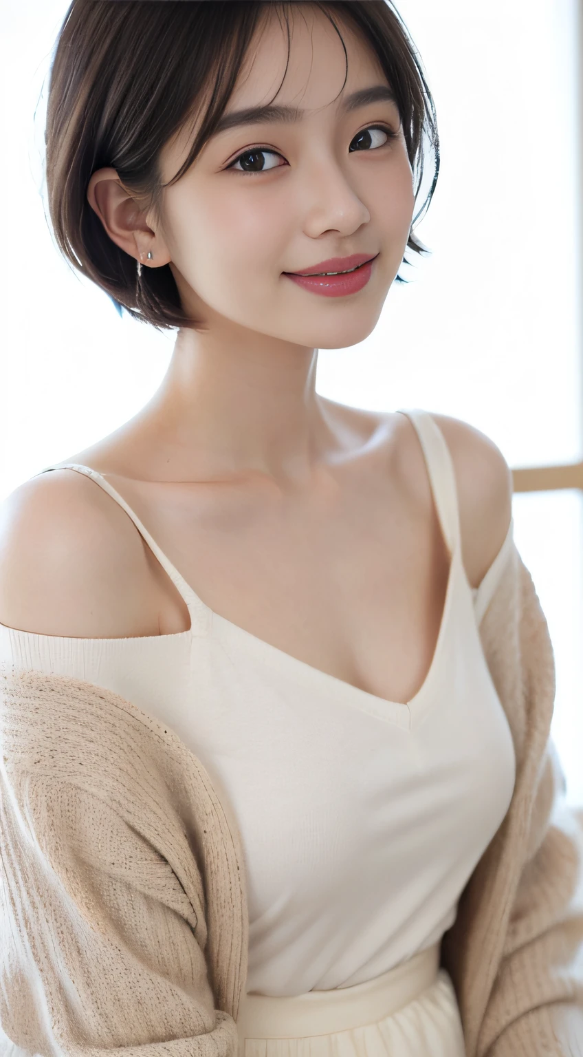 ((masterpiece、top-quality、high-detail))、Upright landscape:1.2、Full Body Female 1.2,((dark brown hair、Model body type:1.2))、Capture the top of your head,((short-cut,Very short),French Bob,Hides the skin,smock blouse,Cardigan,V-neck sweater,((Clear pure white skin)),((Japanese actressl,Japan idle,a japanese girl)),Beautuful Women,女の子1人、(Photorealsitic:1.4)、独奏、White background、with a pure white background、closes mouth、Happy smile,Smile happily、pretty black hair、Shorthair、big eye、Distinct double eyelids、Lashes、Put your ears out、long neck、Absolute area、skirt by the、(Cap、Draw all the shoulders)、、Attractive proportions、glowy skin、Clean collarbone、The face of the golden ratio、face perfect、Tear mole、Mole on the chest、bangss、Clean bangs、lipgloss、thin lipss、White-colored skin,