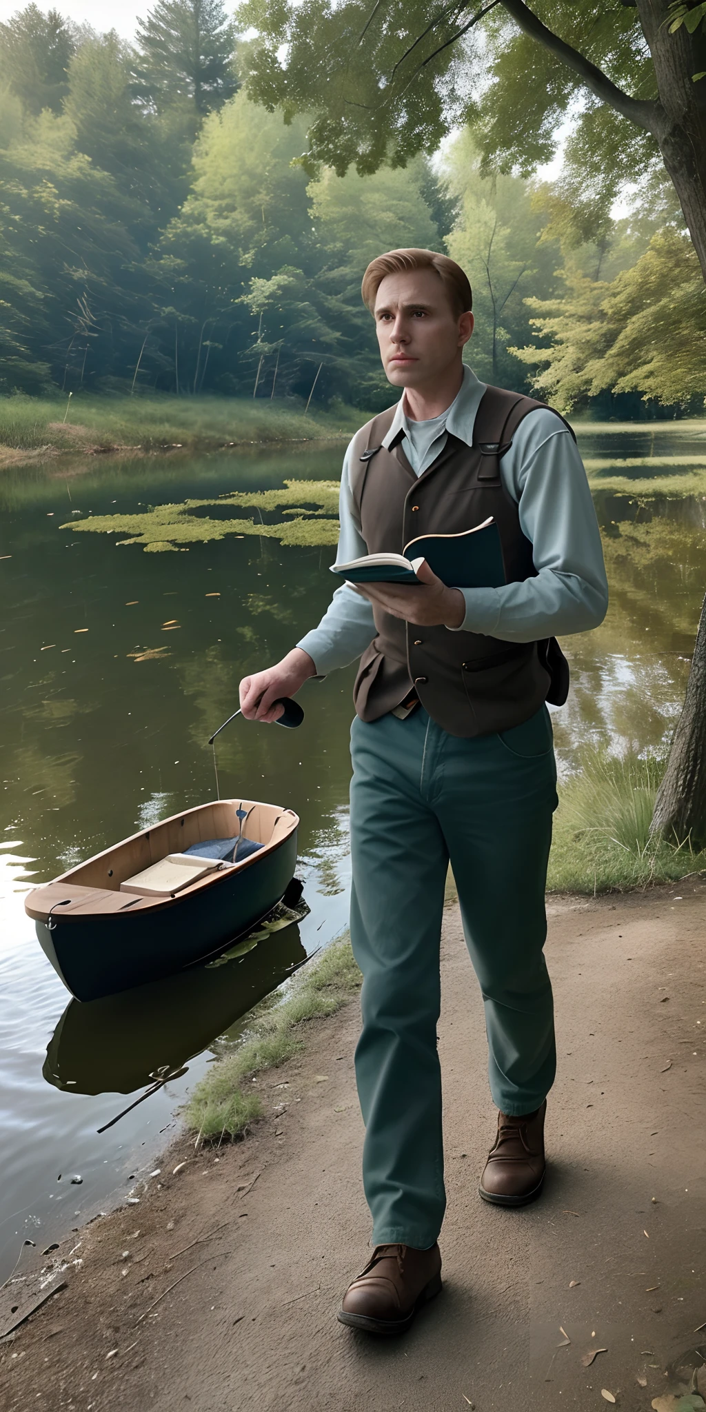 Retired Steve Rogers, living a quiet life in a small town. Image of him fishing by a lake, walking through the woods, reading in a rocking chair in his cabin.