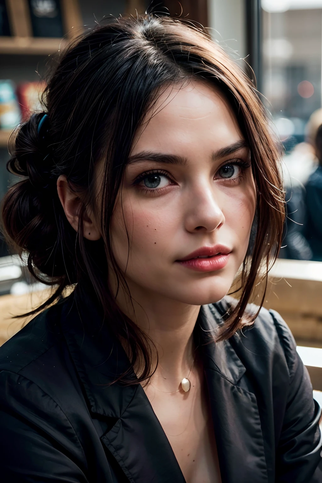 raw portrait of a line of people at store, everyone faces forward, except only (one woman turns to camera:1.3) , she is a gorgeous beauty looking at us,(interior of grocery store, variety of people in line, facing forward except one woman:1.3)), everyone wears business outfits,), interior of florescent lit store, filled with food packaging, only one looks at us, realistic photo, (40% of photo is black in drawing:1.4), she's has an (eye contact:0.3) skill , (she wears black tight skirt with red blazer, jewelry) and is intensely looking at camera, (flirty look:0.9) beautiful face, slight smile, intense presence, masterpiece, obsessively detailed store details, cozy relaxed, catching us, beautiful hands, kind eyes, gorgeous, incredible details, ((high contrast)), (deep, darkest shadows), (shadow details:1.0), ((taken using Leica camera, aperture: f/2.3)) , hyper-realistic skin, pores, scar, mole, (she has dark hair pulled away from face, tidy updo), smokey eye makeup,, her arms relaxed , relaxed moment, she's in dark with natural light glow, (romantic light:1.2), radiant skin, perfectly framed face, perfect relaxed hands, perfect fingers, (perfect portrait, incredible eyes:1.1), a work of art,sexy beautiful composition, golden ratio, inspiring, (highest quality fabric texture), every detail,Fine facial features – (Highest Quality) ,Leica camera film, High quality ○○ detailed – ○○ details ultra detailed(Ultra-fine ), Photorealistic, Extremely detailed(Extremely detailed) , (highest detail image, lens flare, realistic)○○ res – ○○ resolution ultra high res(A high resolution),playful relaxed photos