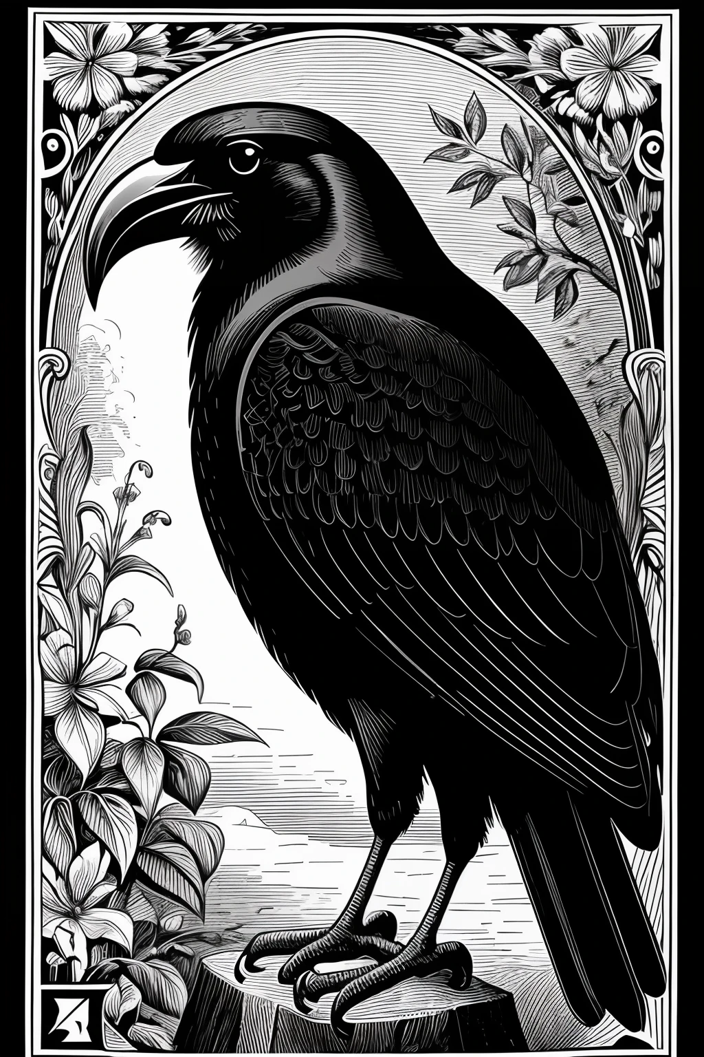 illustration of a haughty crow, black and white, perfect illustration, engraving style, vintage style