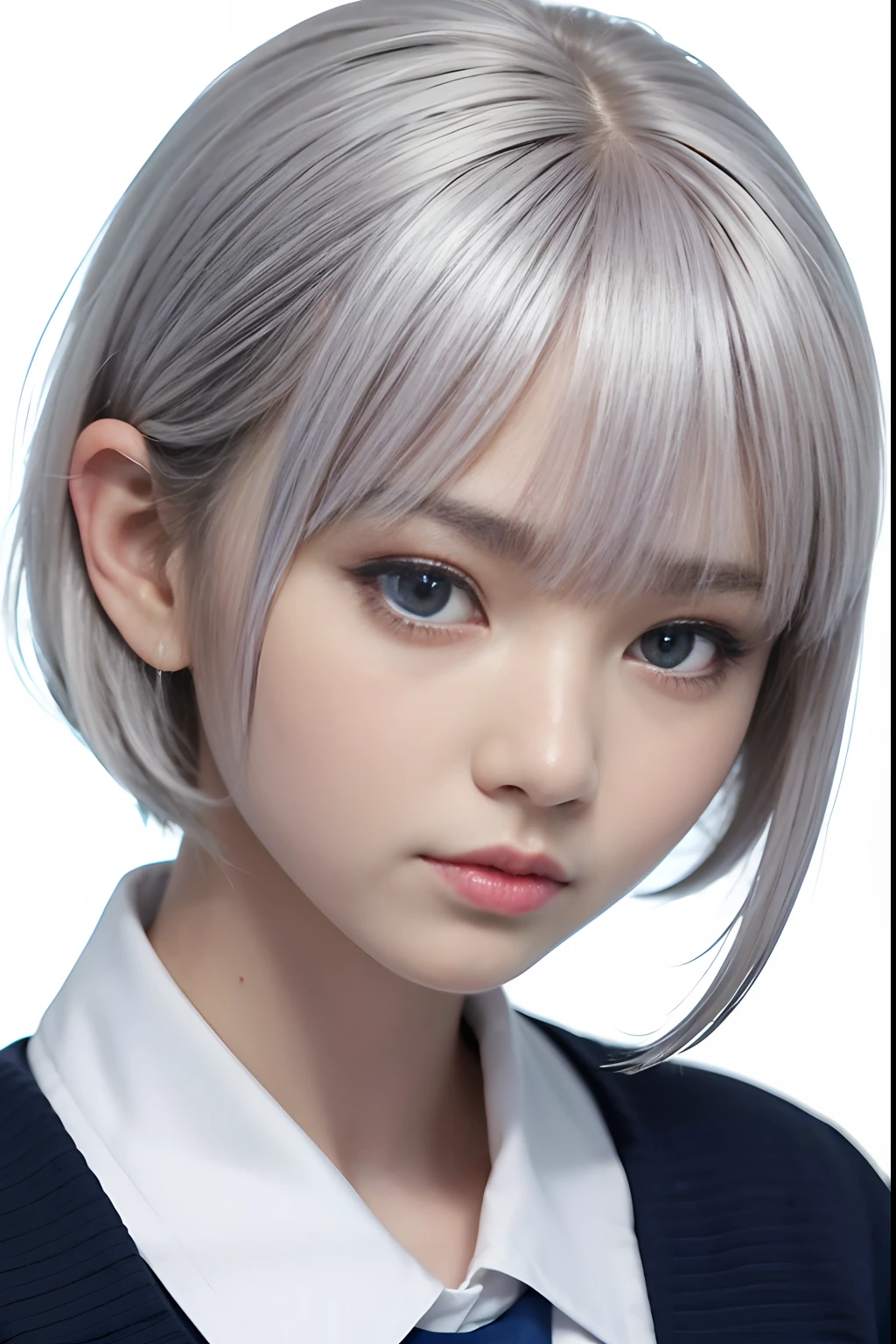 japanese school girl,silver hair,blue eyes,short hair,splash curl,middy uniform,(white background),pretty face,bangs bangs