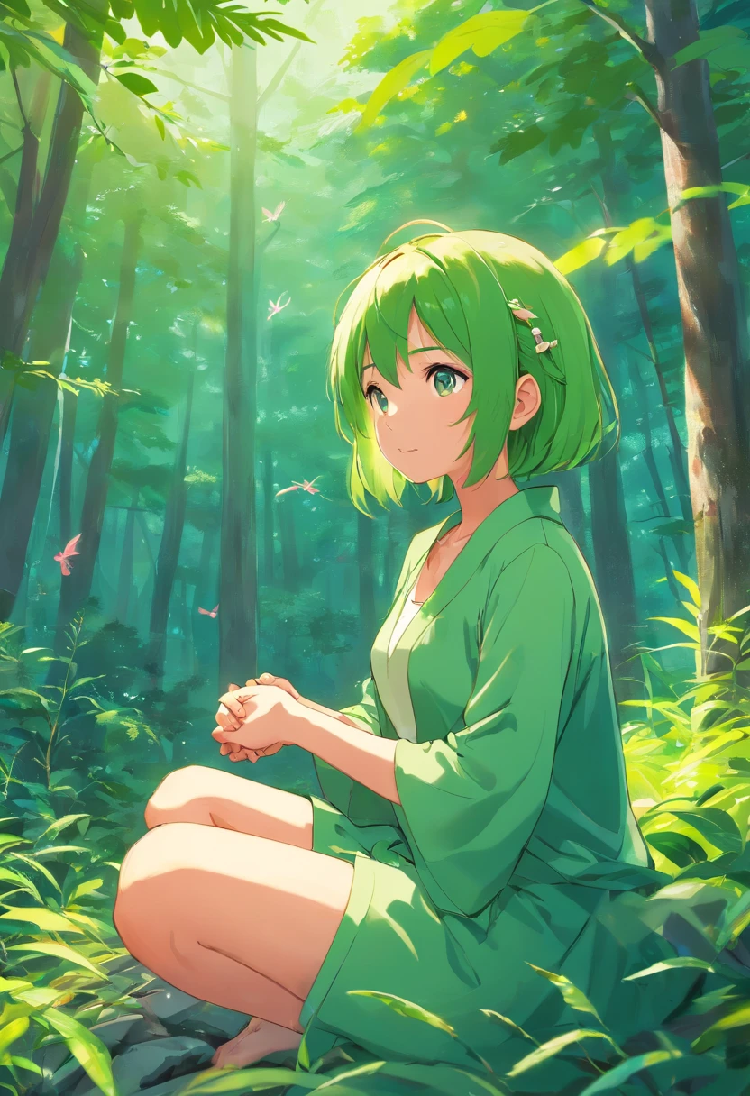 Traptrix praying mantis,short,Mantis sleeves,Solo, 1girll,full bodyesbian,Sitting,Forest background,Masterpiece,Solo,Beautiful detailed eyes,finedetail,Detailed face,vivd colour,5 fingers,finely detailed,ultra - detailed,The detailed hand,8K,fine detailed beautiful eyes,high-resolution illustrations,Best quality,