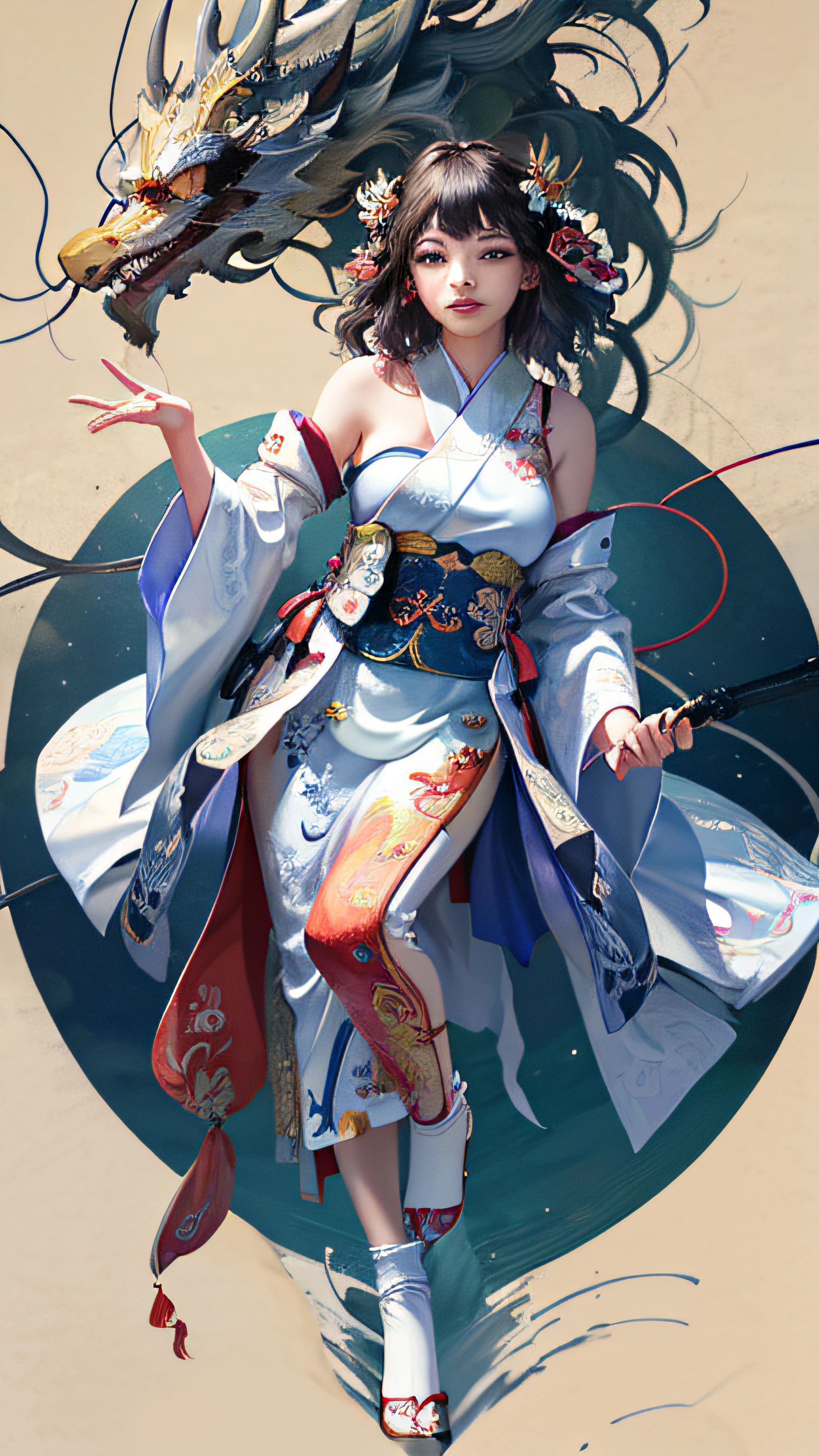 Official Art, T-SHIRT VECTOR 8K Unified, Ultra Detailed, Beautiful and Aesthetic, Masterpiece, Best Quality, (Zentangle, Tangle, Entangle), (fractal art: 1.4), 1samurai, black hair, Japanese, bare shoulders, calf , navel, very detailed, dynamic angle, cowboyshot, (most beautiful shape chaos), flowing, (bright colors), oc, (half: 1.2), japan (thangka flying sky: 1.5), (tape: 1.3), (dream : 1.5), (hanfu: 1.5), cherry tree, Japanese temple, (smile: 0.5), (Japanese deity),
