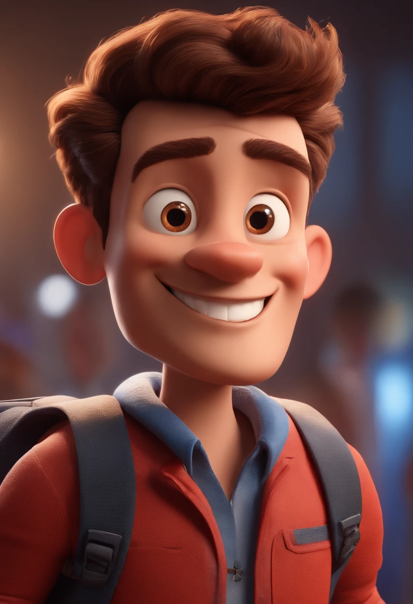 Cartoon character of a man and red shirt, wearing a backpack, smiling thinly, animated character, Caractere estilizado, animation style rendering, 3D estilizado, Arnold Maya render, 3 d render stylized, toon render keyshot, 3D Personagem, 3D Personagem, 3d render stylized , 3 d render character, personagem de desenho animado, Personagem de close up, Pose de personagem, (Estilo Pixar) (master part:1.2) (Bokeh) (best quality) (pele detalhada) (textura detalhada) (8k) (argila ) (Cinematic lighting)