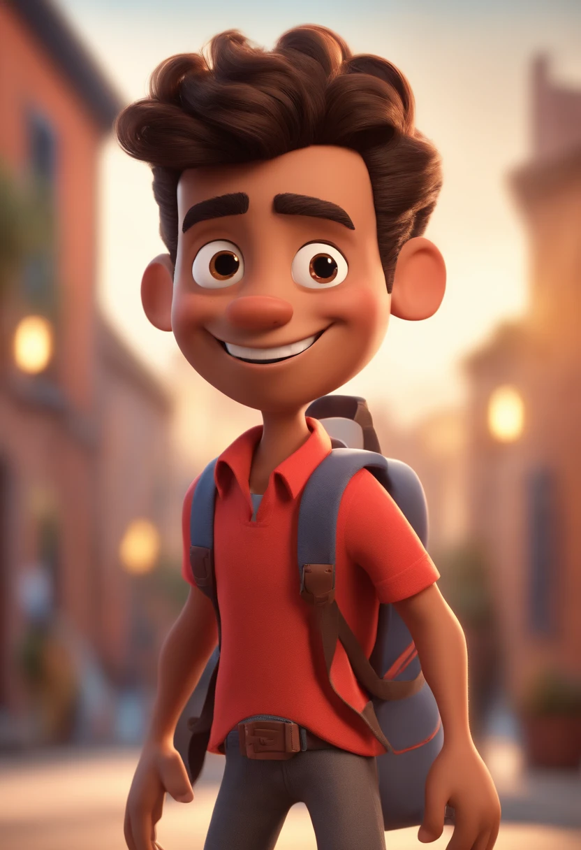 Cartoon character of a man and red shirt, wearing a backpack, smiling thinly, animated character, Caractere estilizado, animation style rendering, 3D estilizado, Arnold Maya render, 3 d render stylized, toon render keyshot, 3D Personagem, 3D Personagem, 3d render stylized , 3 d render character, personagem de desenho animado, Personagem de close up, Pose de personagem, (Estilo Pixar) (master part:1.2) (Bokeh) (best quality) (pele detalhada) (textura detalhada) (8k) (argila ) (Cinematic lighting)