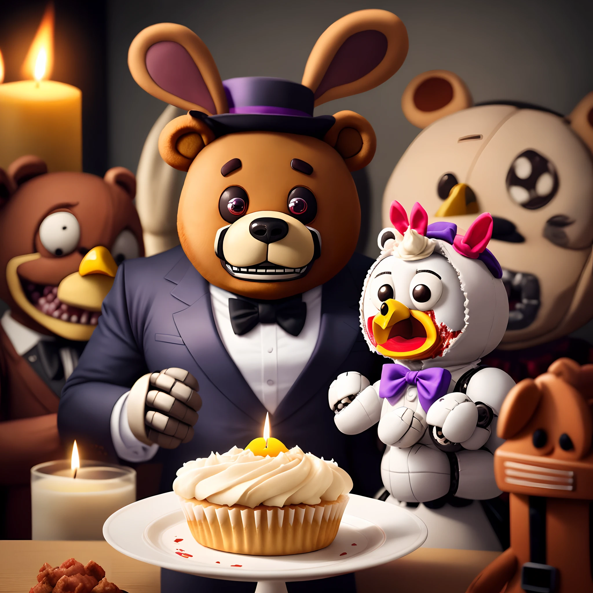 create a Five nights at Freddy’s horror movie poster titled Five Nights. Create a picture of a gory, large brown animatronic bear with a black bow tie and a small tophat and a purple animatronic rabbit wearing a red bow tie and a yellow animatronic chicken with a bib that says Let’s Eat! that is holding a plate with a large animatronic cupcake with eyes and a candle