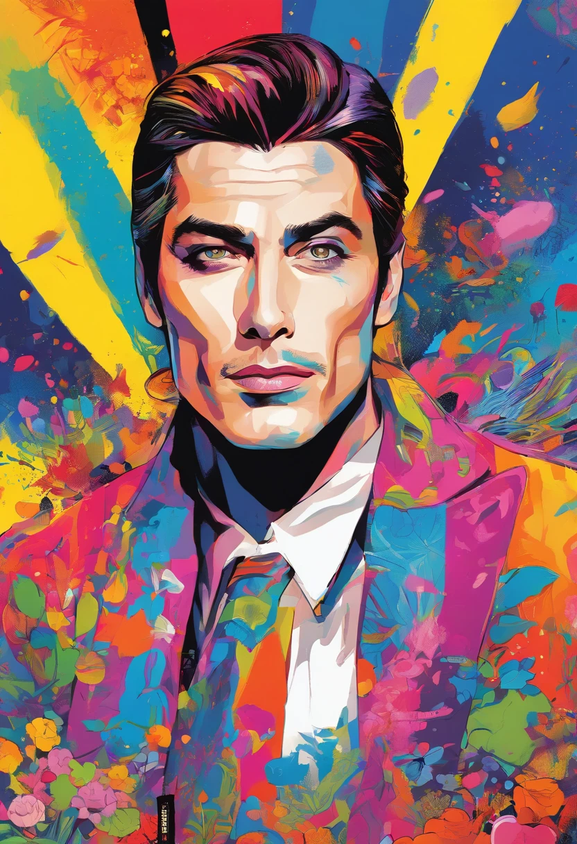 A brightly colored painting,depicts a man wearing clown makeup, Portrait of Alain Delon,Alain Delon, Color ink, Alain Delon,art of alessandro pautasso, Vibrant fan art, Colorful film art, Surrealism with vivid colors, vibrant cartoon art, rossdraws cartoon vibrant, Neon operator Alain Delon, artgerm colorful!!!