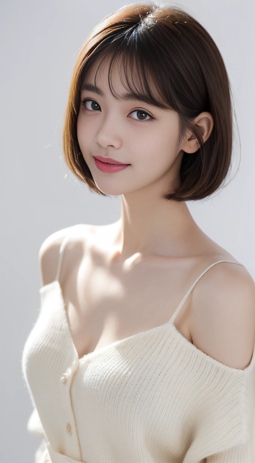 ((​masterpiece、top-quality、high-detail))、Upright landscape：1.2、Full Body Female 1.2,((dark brown hair、Model body type：1.2))、Captures the top of the head,((short-cut,Very short),French Bob,Hides the skin,smock blouse,Cardigan,V-neck sweater,((Clear pure white skin)),((Japanese actressl,Japan idle,a japanese girl)),Beautuful Women,女の子1人、(Photorealsitic:1.4)、独奏、White background、with a pure white background、closes mouth、Happy smile,Smile happily、pretty black hair、Shorthair、big eye、Distinct double eyelids、Lashes、Put your ears out、long neck、Absolute area、skirt by the、(Cap、Draw all the shoulders)、sixteen years old、Attractive proportions、glowy skin、Clean collarbone、The face of the golden ratio、face perfect、Tear mole、Mole on the chest、bangss、Clean bangs、lipgloss、thin lipss、White-colored skin,