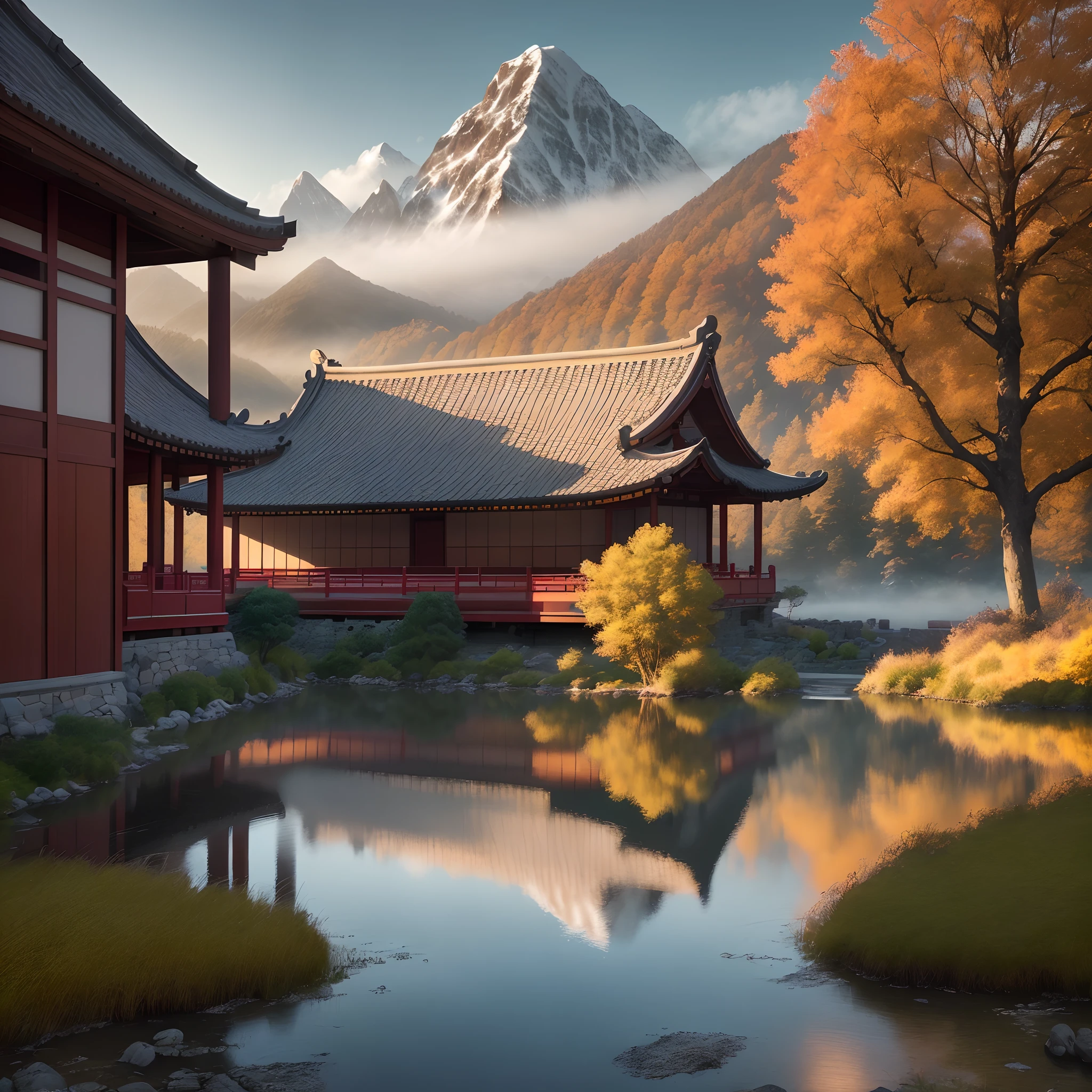 Produce visually stunning resolution masterpiece images from it "Ancient Chinese and modern architecture" It stands majestically in the ethereal mist, Surrounded by towering mountain peaks. Dawn casts warmth, The golden glow of ancient ginkgo biloba in the landscape, The tranquil lake below perfectly reflects the beauty of the building. The surroundings exude a sense of tranquility and timeless grandeur. Realistic style, Capture every minute of detail. camera: canon eos 5d mark iv. autumnal: Canon EF 24-70mm f/2.8L II USM.