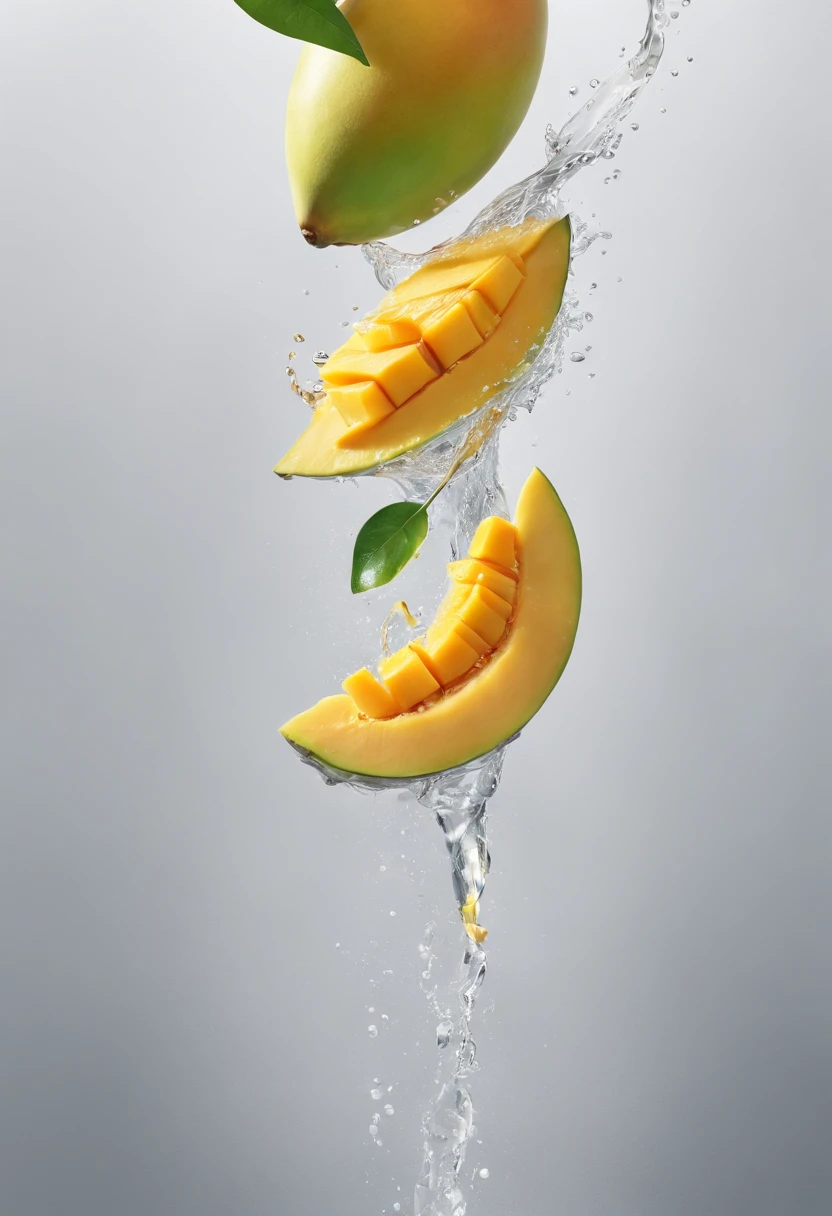 cinematic RAW photo,foto ultra real,Ultra foto Realsisim,Digital SLR,soft lighting,Product photo of mangoes falling into the water、Drippy、Splash clear liquid、water bloom,dynamic compositions,(master part) (melhor qualidade) (circunstanciado) (Cinematic lighting) (foco nítido) (intrincado), master part, melhor qualidade, ultra-highresolution, 8k UHD