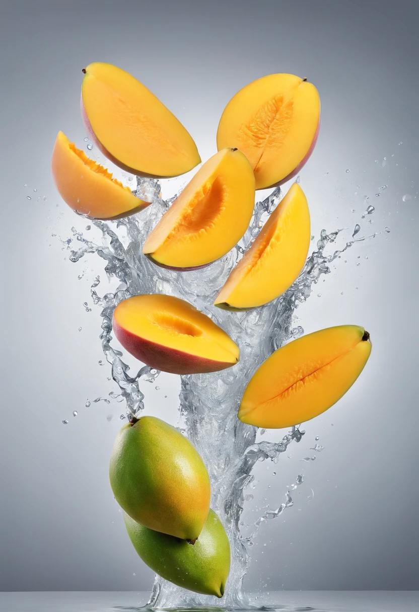 cinematic RAW photo，foto ultra real，Ultra foto Realsisim，Digital SLR，soft lighting，Product photo of mangoes falling into the water、Drippy、Splash clear liquid、water bloom，dynamic compositions，(master part) (melhor qualidade) (circunstanciado) (Cinematic lighting) (foco nítido) (intrincado), master part, melhor qualidade, ultra-highresolution, 8k UHD