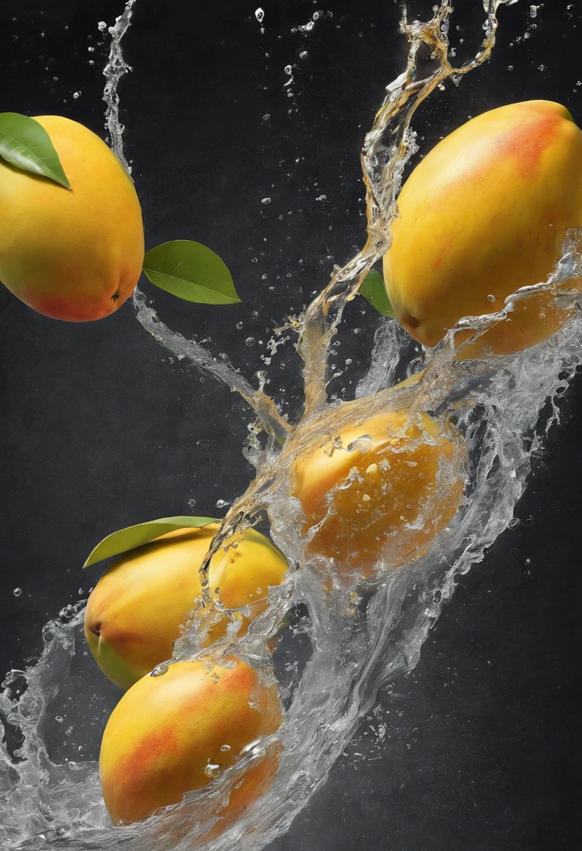 cinematic RAW photo,foto ultra real,Ultra foto Realsisim,Digital SLR,soft lighting,Product photo of mangoes falling into the water、Drippy、Splash clear liquid、water bloom,dynamic compositions,(master part) (melhor qualidade) (circunstanciado) (Cinematic lighting) (foco nítido) (intrincado), master part, melhor qualidade, ultra-highresolution, 8k UHD