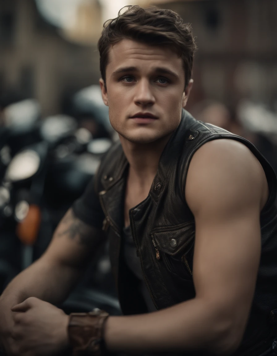 Film-like images, ((Medium close-up)), face facing audience, (reality :1.3), The most beautiful art in the world, Josh Hutcherson looks into the camera.., Modern biker clothing, Biker Party, Beautiful faces in detail, Action Shots, (intricate :1.4), street background, photorealistic portrait, daylight, Global Lighting, CG, art station, masterpiece, HD Photography