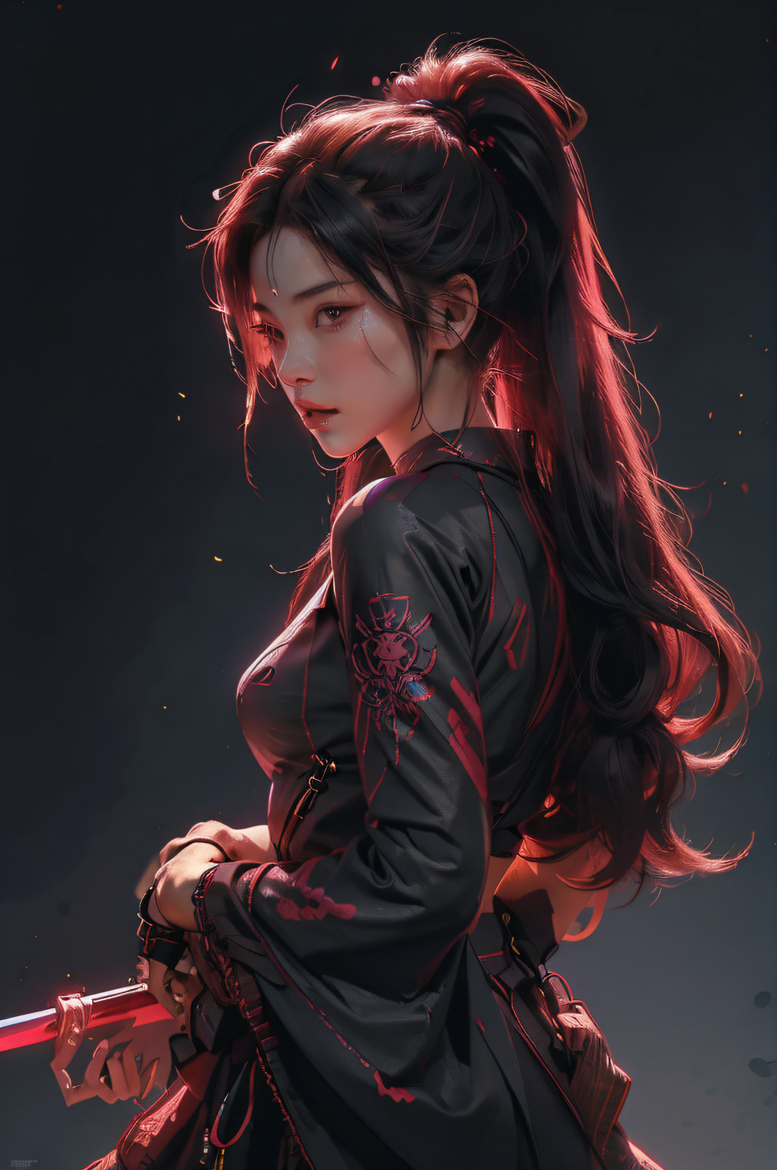 swordsman girl, Cyberpunk, Illustration profile of red LED female samurai in a mask, wearing headphones over her head looking down, Side view looking to the right, in combat stance, Japanese Tokyo background, vector pro, high detail, vibrant, Japanese hologram symbols, barcode design, neon lights, girl holding an extremely detailed Japanese sword, (Girl with beautiful skin, beautiful lips, long hair, athletic physique, medium breasts)