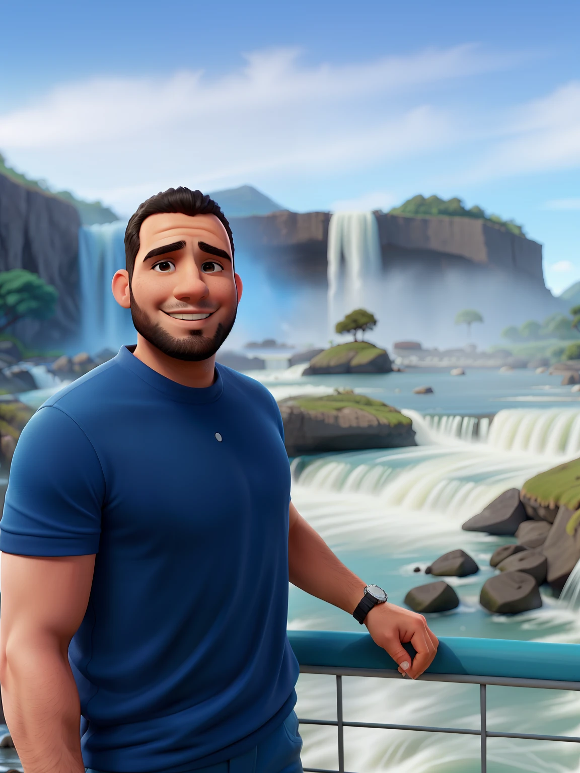 Arafed man standing in front of a waterfall with a watch on his wrist, cachoeiras ao fundo, em frente a uma cachoeira, david rios ferreira, cachoeira ao fundo, icaro carvalho, standing near a waterfall, Joel Torres, Directed by: Sam Dillemans, joe alves, caio santos, imagem do avatar, Directed by: Milton Menasco
