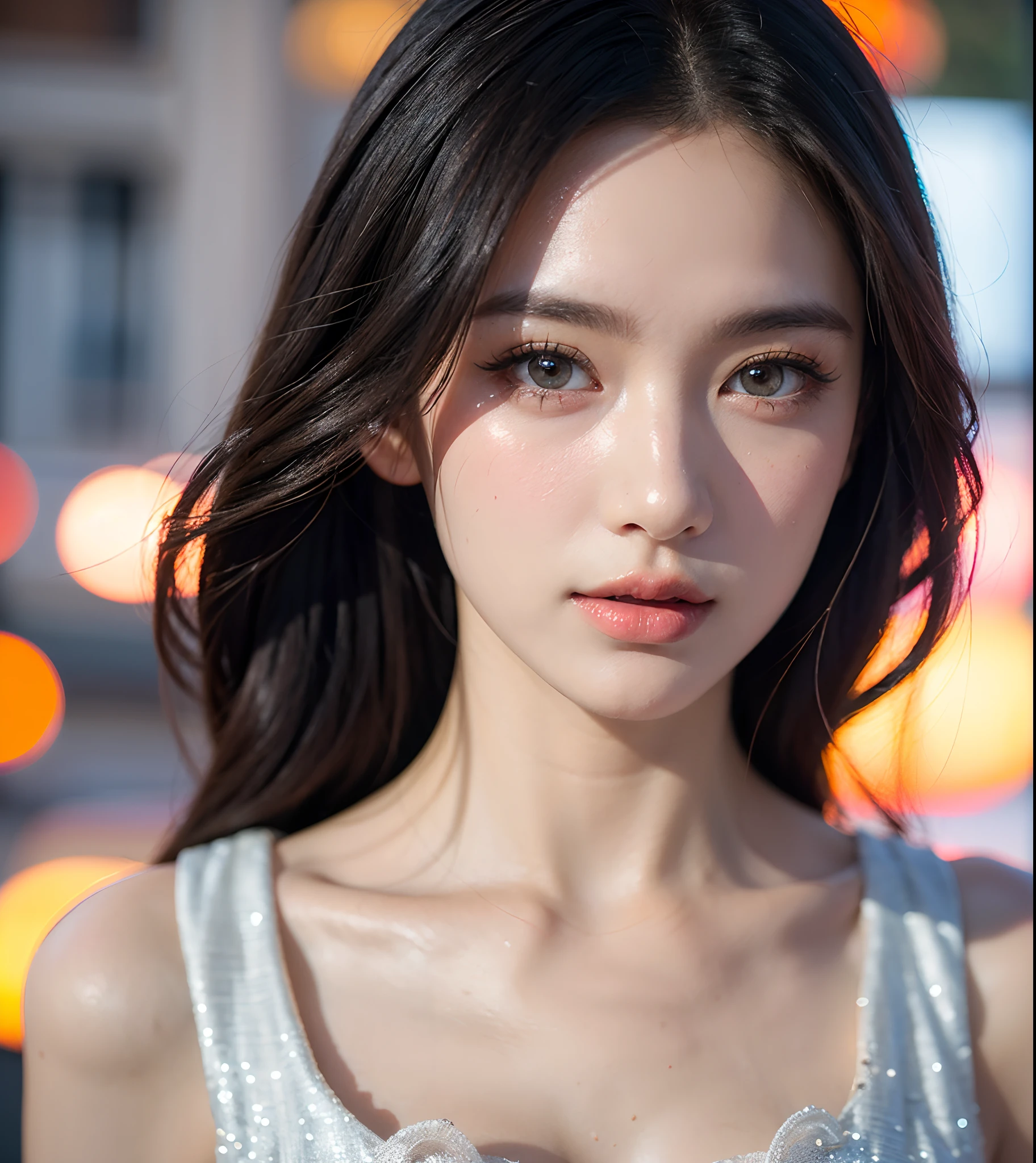 best quality, masterpiece, ultra high resolution, (In reality:1.5), RAW photos, 1 cat, Beloved, In the dark of night, deep shadows, low pitch, cold light, sexy look,shoulder length straight bob hair,slim