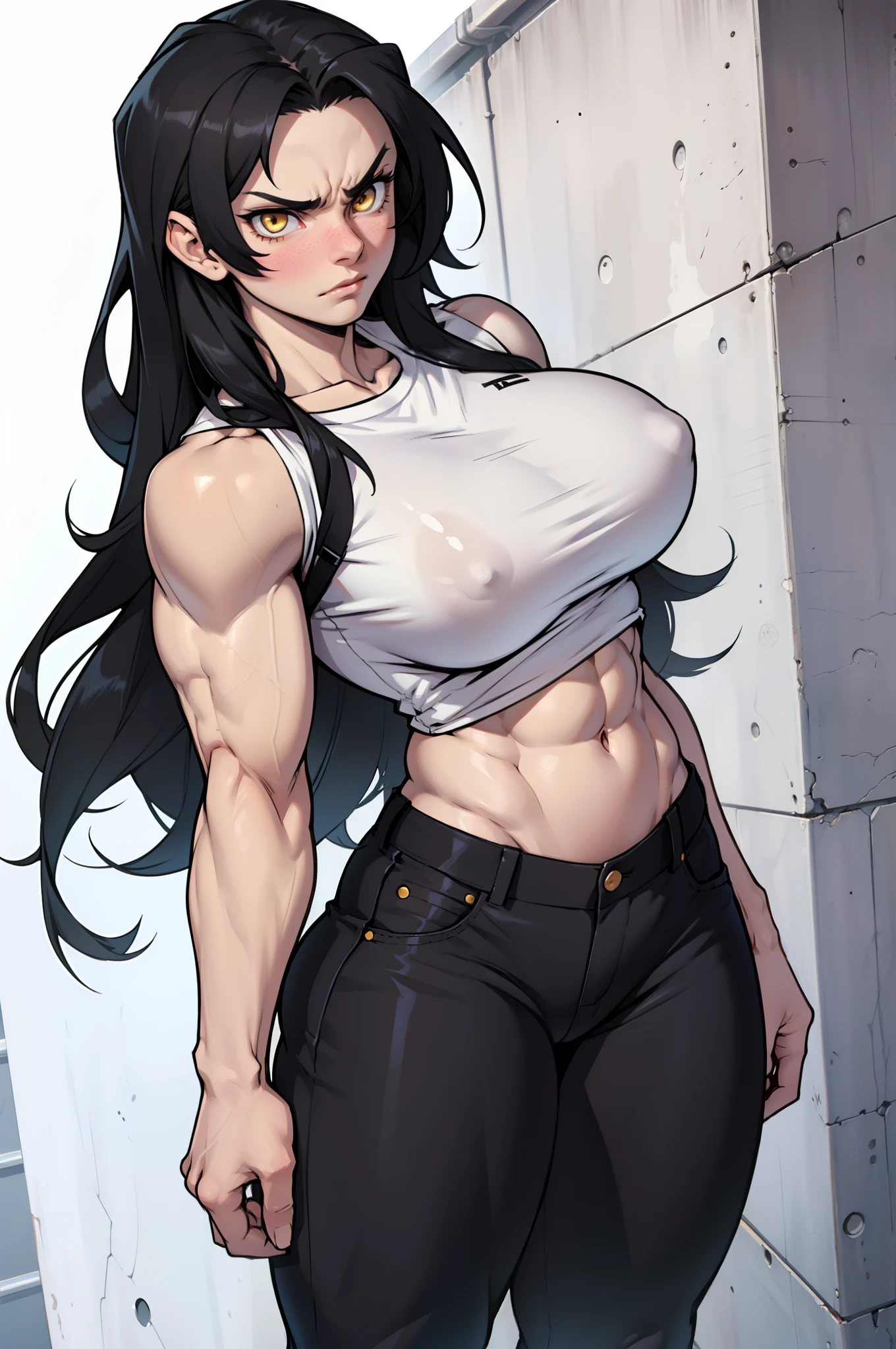 ((1 girl)), extremely long hair, solo, ((muscular)), veins, black hair, yellow eyes, blushing, (thick thighs), pale skin, strong, veins, abs, big thighs, (huge breasts), navel, standing, angry, tight pants, tight shirt