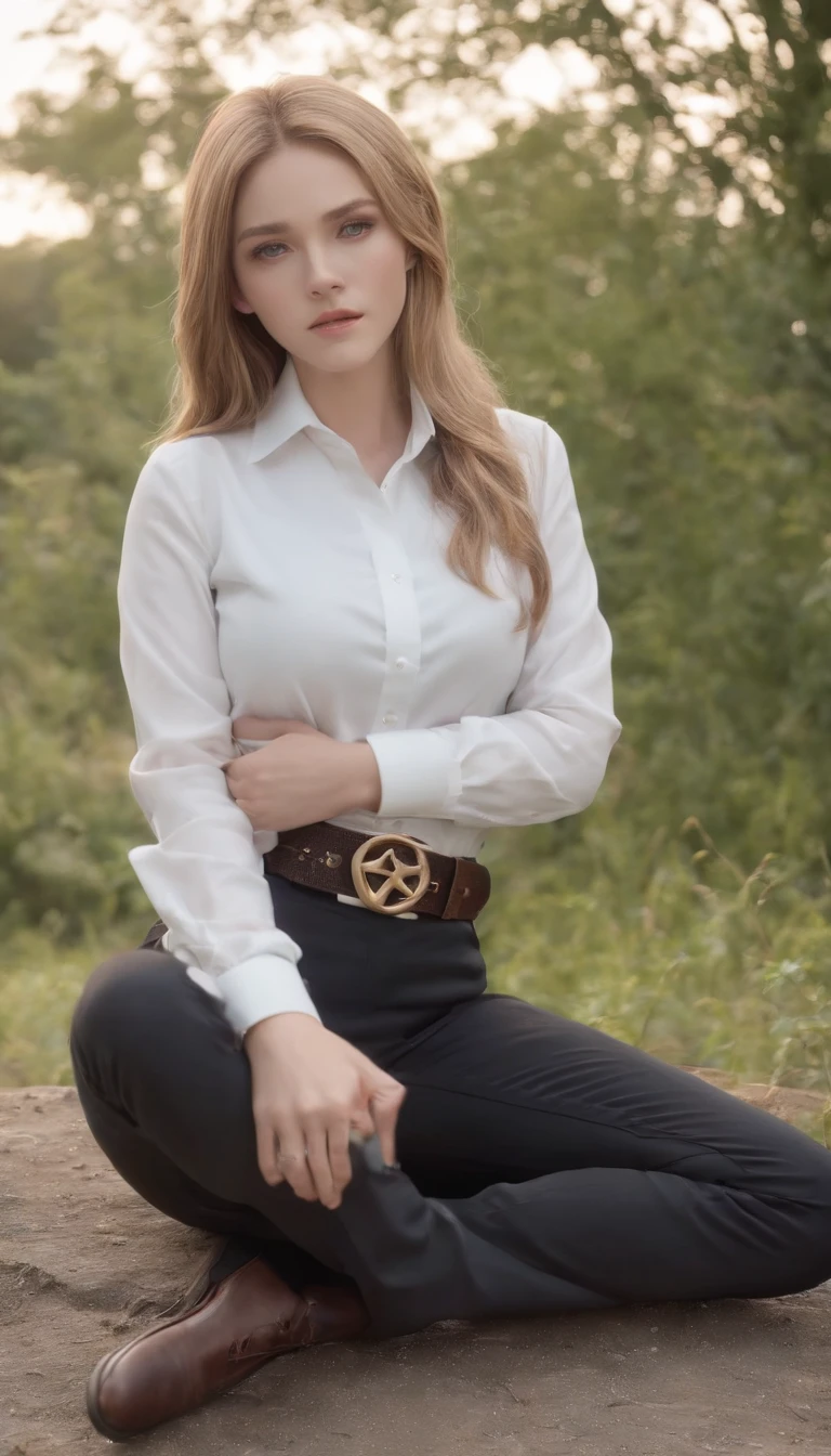 Ott style, shingeki no kyojin,, , Krista Lentz,, 1girll, belt, belt buckle, Blonde hair, Blue eyes, brownfootwear, Brown pants, Buckle, Chest belt, Collared shirt, Diamond (Shape), Floating hair, From the side Side, full bodyesbian, greybackground, hair between eye, hands on own thighs, Long hair, Long sleeves, watching the future, Own hands together, Pants, parted lip, shirt, shoes, Sitting, Solo, Sparkle, Star (symbol), thigh band, White shirt, , , ((Masterpiece)), Best quality, ,
