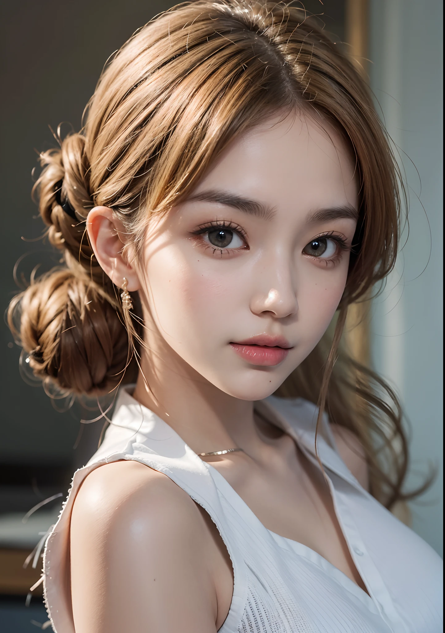 An ultra-high picture quality,8K,Real image quality,back lighting,Asian Girl,1 persons,((Semi-long chignon)),smooth hair,Blonde hair,delicated face,Beautiful face,Eyes and nose stand out clearly,Beautiful eyebrows trimmed,Lashes,Detailed eyes,Detailed skin,realskin,slenderbody,petite girl in,middlebreasts,masutepiece,Raw photo,well-muscled,Beautiful and shiny hair(,Less exposed skin),(White oversized collared shirt),pleatedskirt,Face narrowing