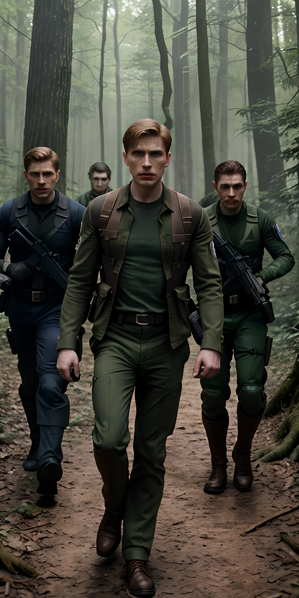 Steve Rogers walking through the woods when he's ambushed by HYDRA agents. Image of several agents pointing guns at him among the trees.