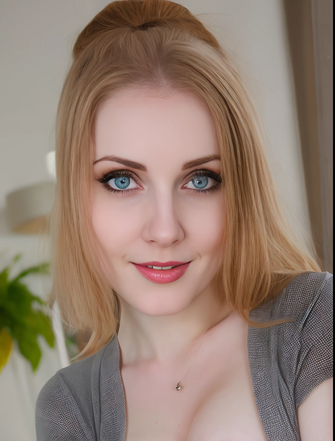 realistic pale female, smirk, happy, big eyes, blowjob