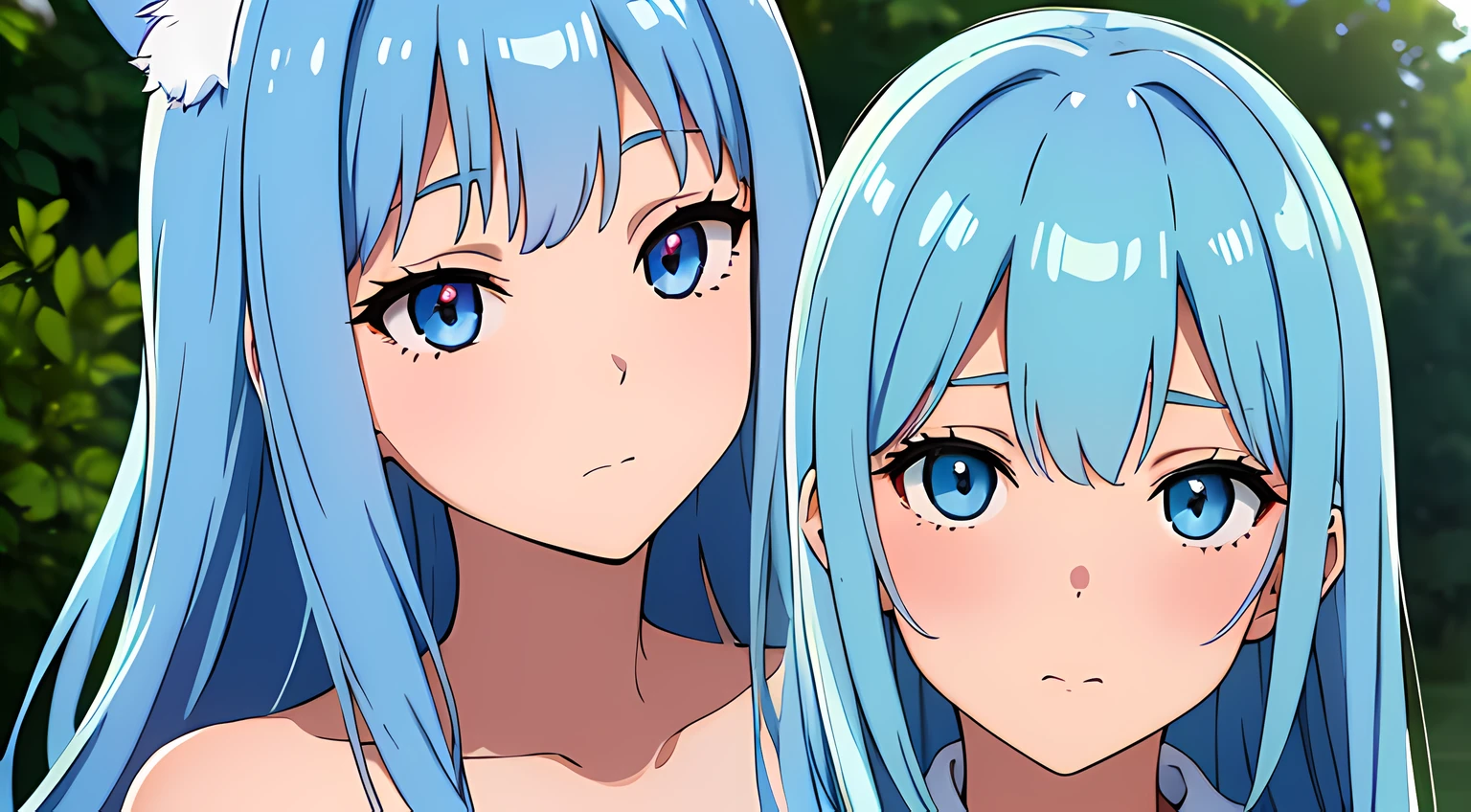 (1 nekomimi girl dating with a guy, without human ears),(beautiful eyes finely detailed, Face to detail, Blue hair, long hair), wearing summer style dress, dating with you, dating on cafe, and happy facial expression, blush on her face, camera angle from front, looking at you, ​masterpiece, top-quality, detailed, High resolution illustration