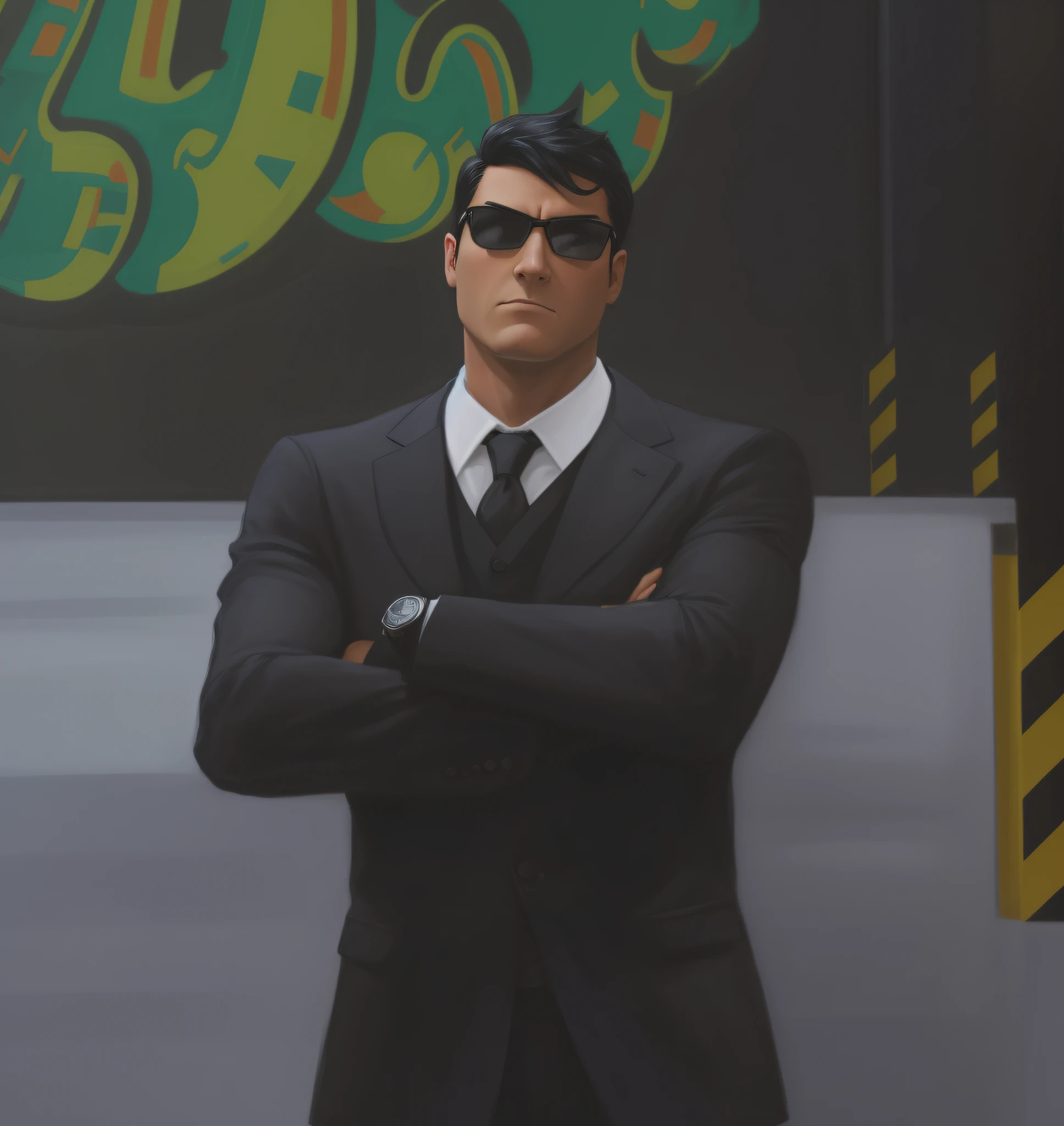 A Lawyer, in a black suit, with short black hair and a black suit with Pixar cartoon style.