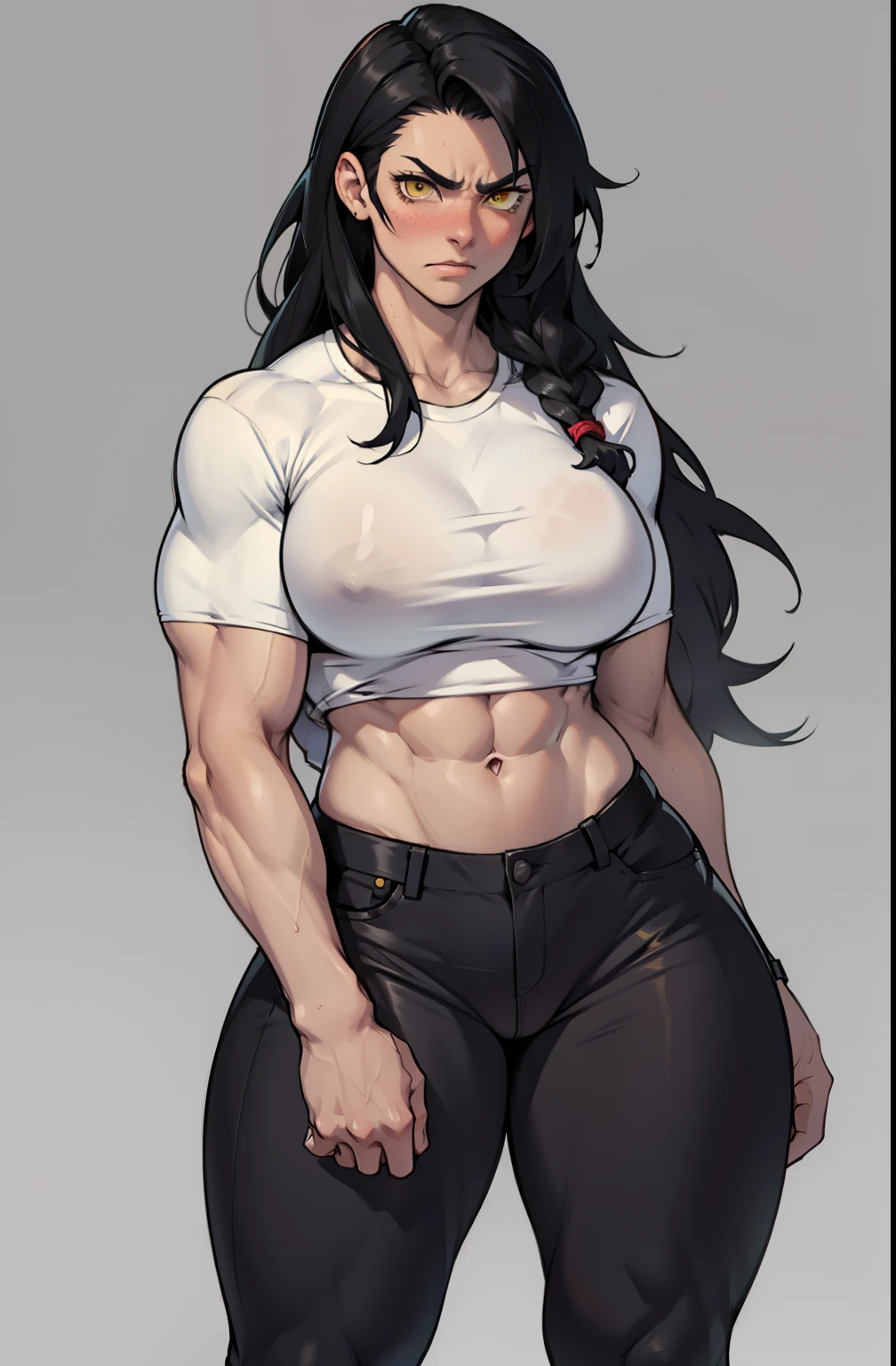 ((1 girl)), extremely long hair, solo, ((muscular)), veins, black hair, yellow eyes, blushing, (thick thighs), pale skin, strong, veins, abs, big thighs, (huge breasts), navel, standing, angry, tight pants, tight shirt