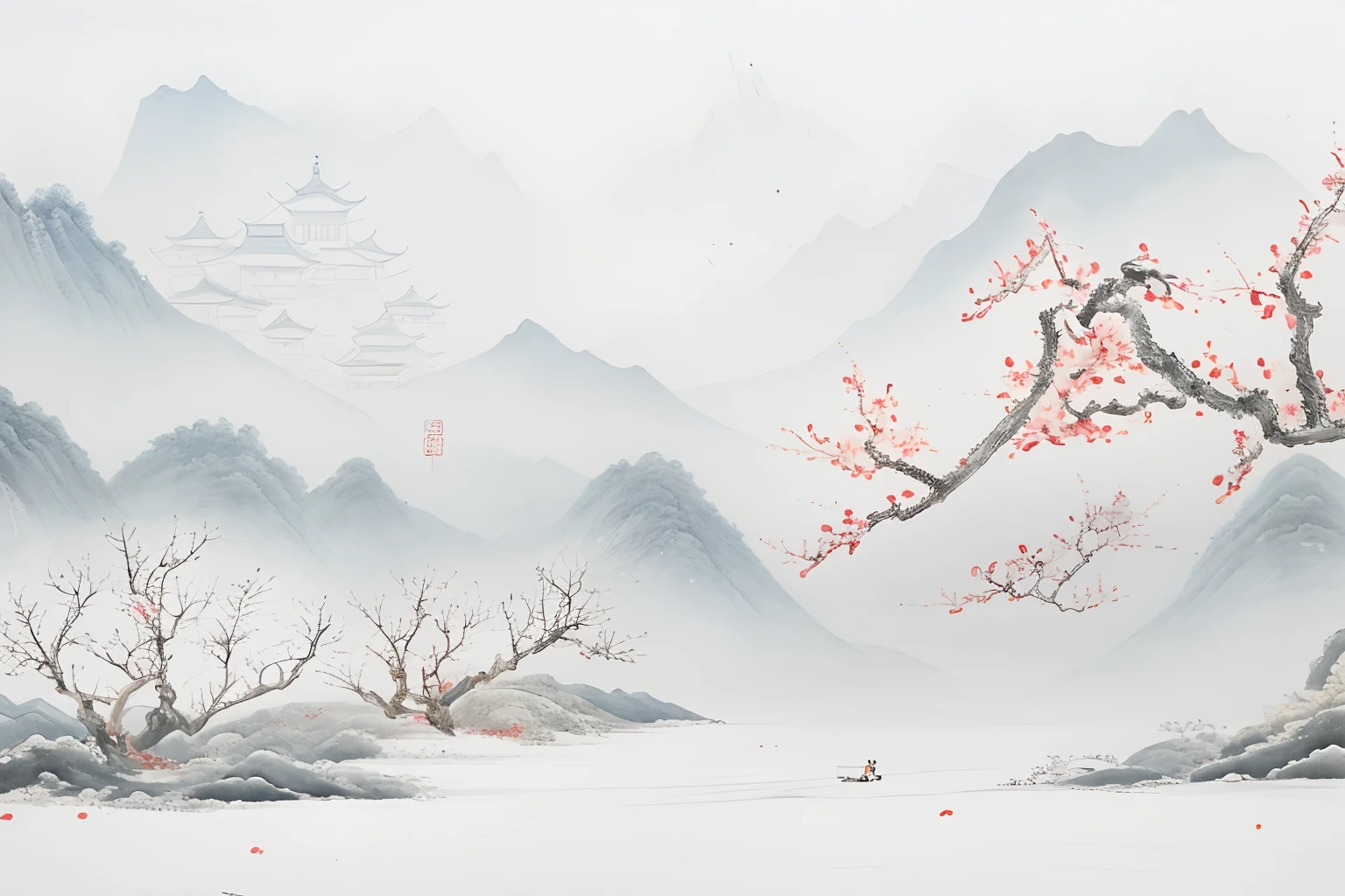 There is a painting，The painting shows a tree with red flowers in the snow, Chinese watercolor style, Chinese painting style, Chinese style painting, landscape artwork, Traditional Chinese Ink Painting, Japanese style painting, Chinese landscape, Traditional Chinese painting, Traditional Chinese watercolor, Chinese painting, Chinese ink painting, Detailed scenery —width 672, inspired by Dong Qichang