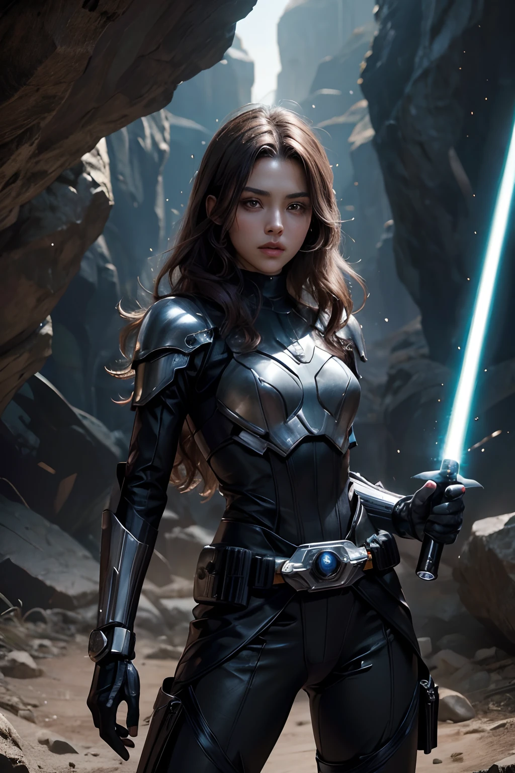 Upper body close-up image.A beautiful woman with a lightsaber stands in a spacious cave. Dark brown hair. long hair.She wears a black metallic battle uniform. There is something on the waist that reminds me of Kamen Rider's transformation belt. 8K image quality. A masterpiece.