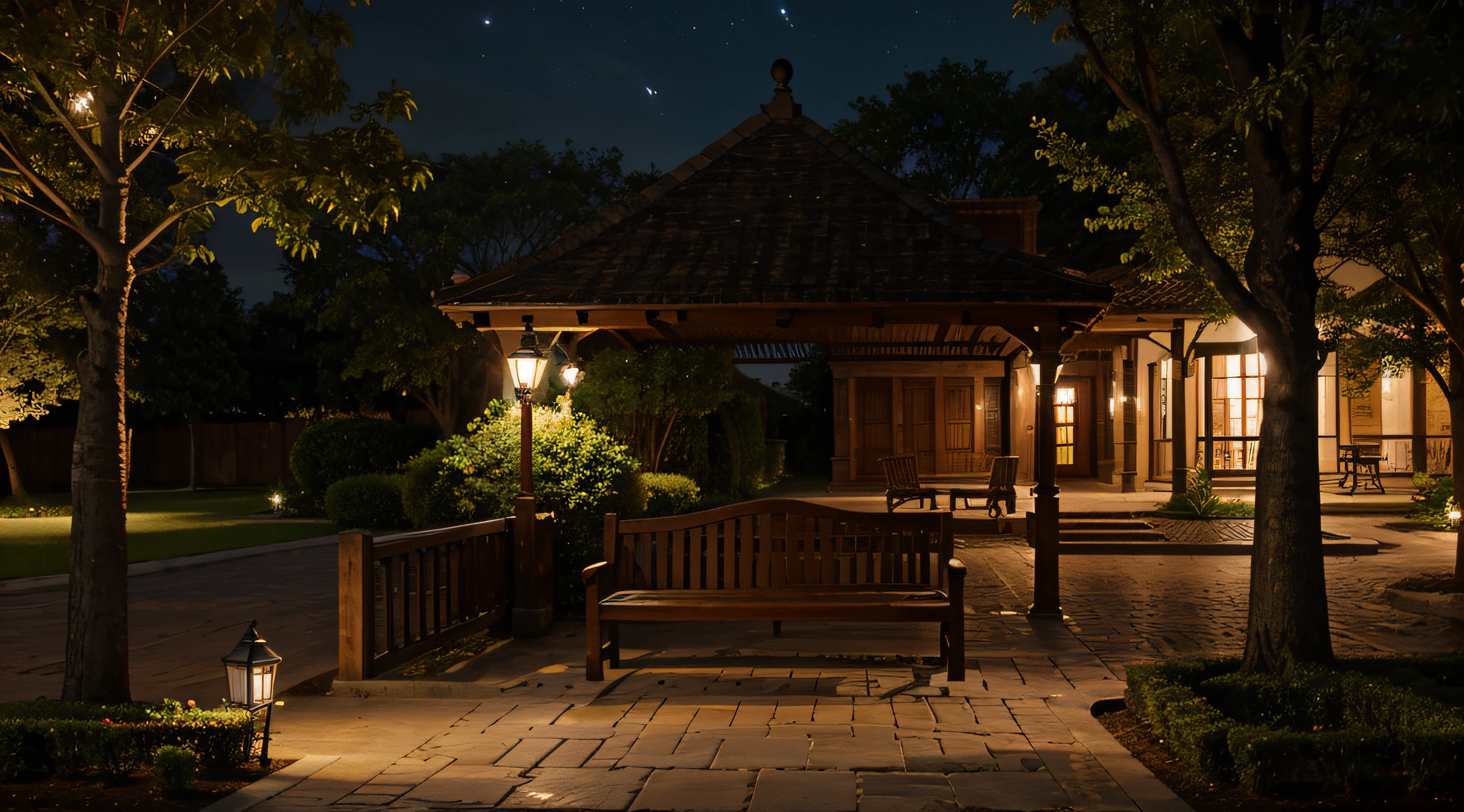 Colonial style square with wooden bench night lighting