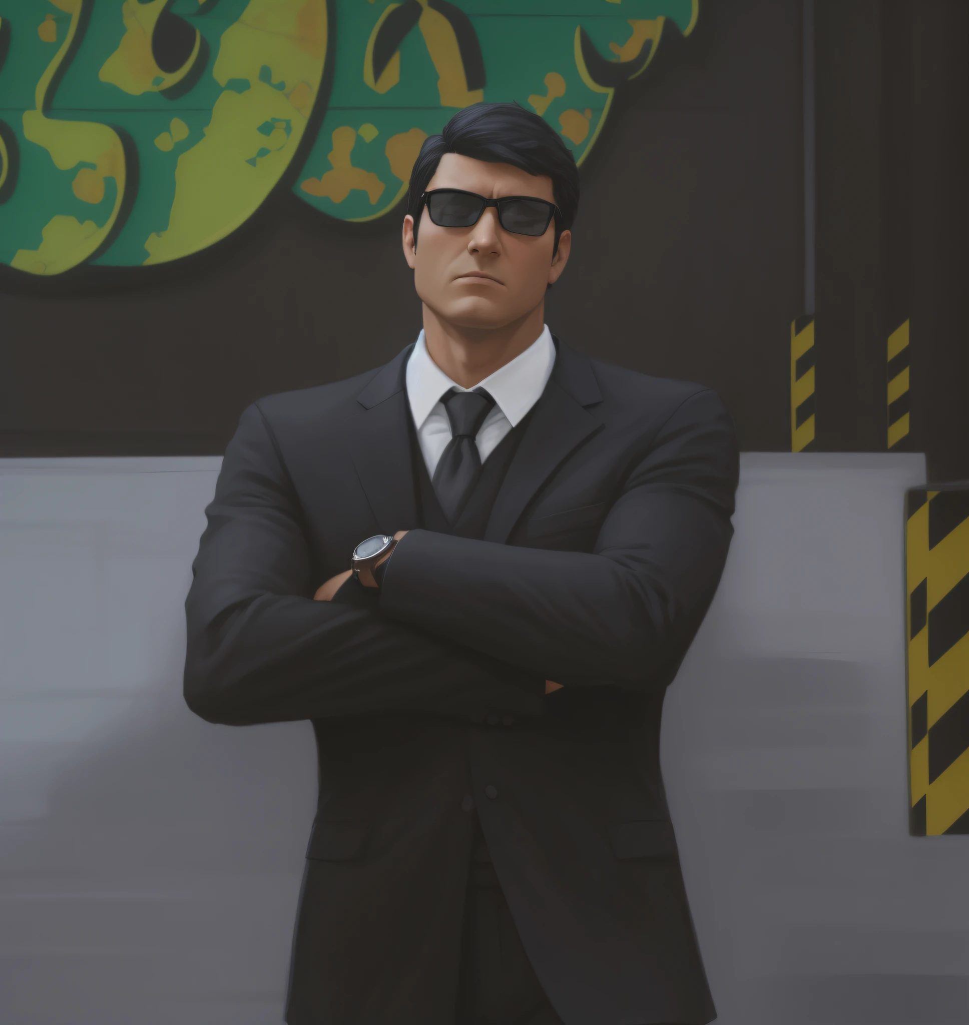 A Lawyer, in a black suit, with short black hair and a black suit with Pixar cartoon style.