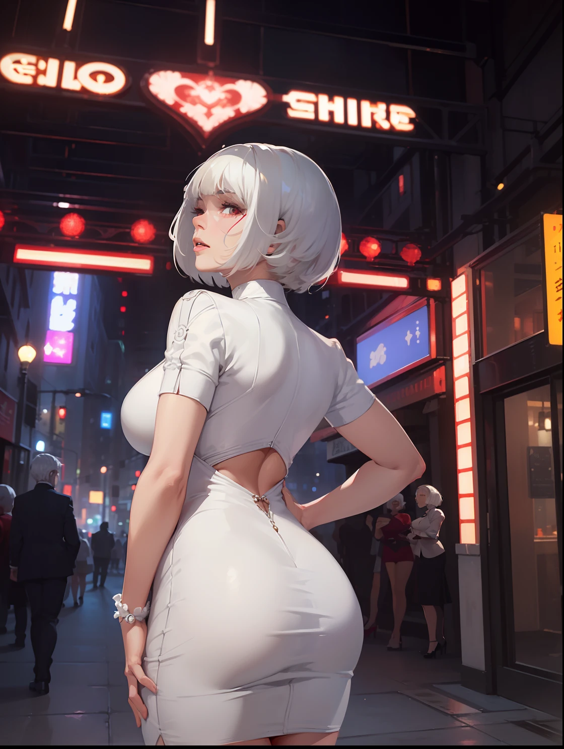 (((Solo))) woman with (((((short white hair))))), (red eyes), ((wearing a white dress)), (mature woman Anna), ((large chest)), curvy hips, long legs, detailed eyes, (((mature woman))), milf, ((full lips)), sparkling eyes, seductive pose, sexy face, (beautiful lighting), (city background), shiny skin, stockings,