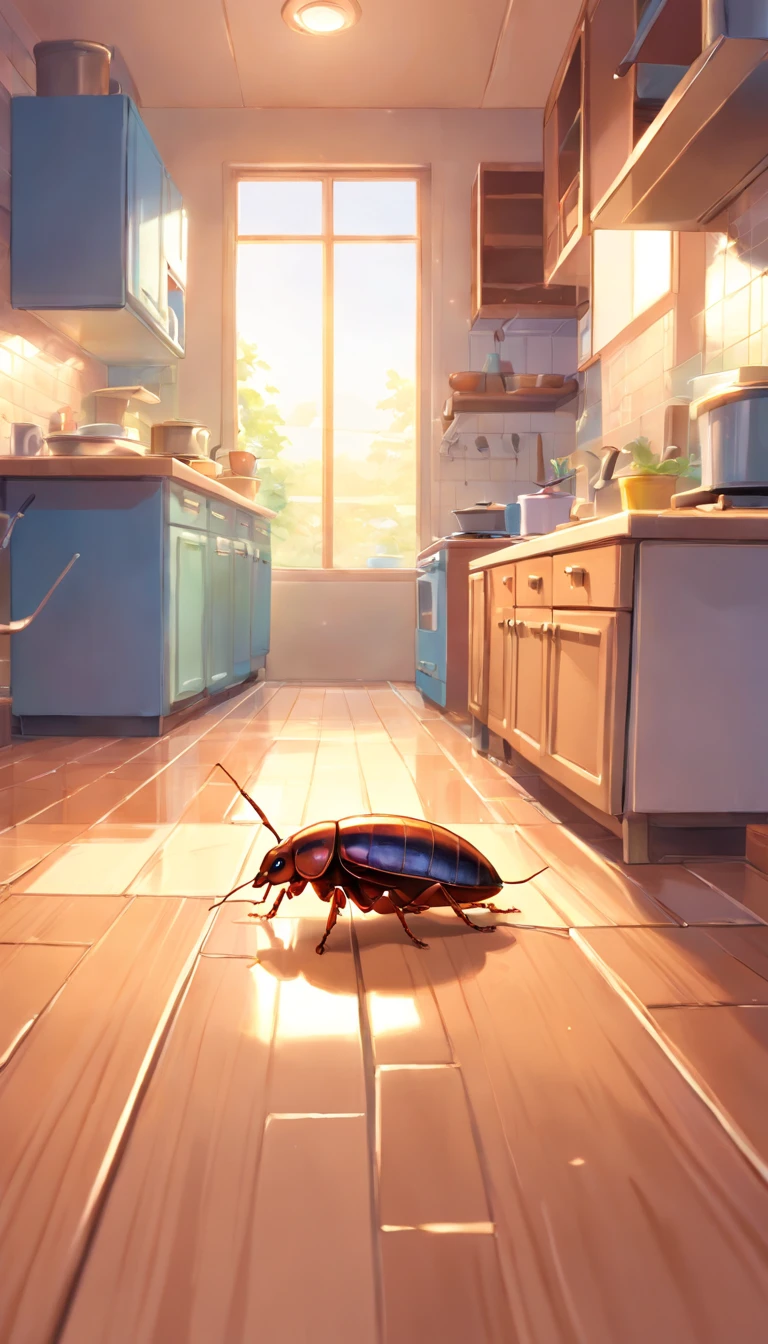 1 very small anthropomorphic cockroach, 3D, 8K, Highly detailed, digitial painting, , illustration, art, 3D style Pixar animation, Big eyes, friendly, Kitchen floor,Viewpoint from below