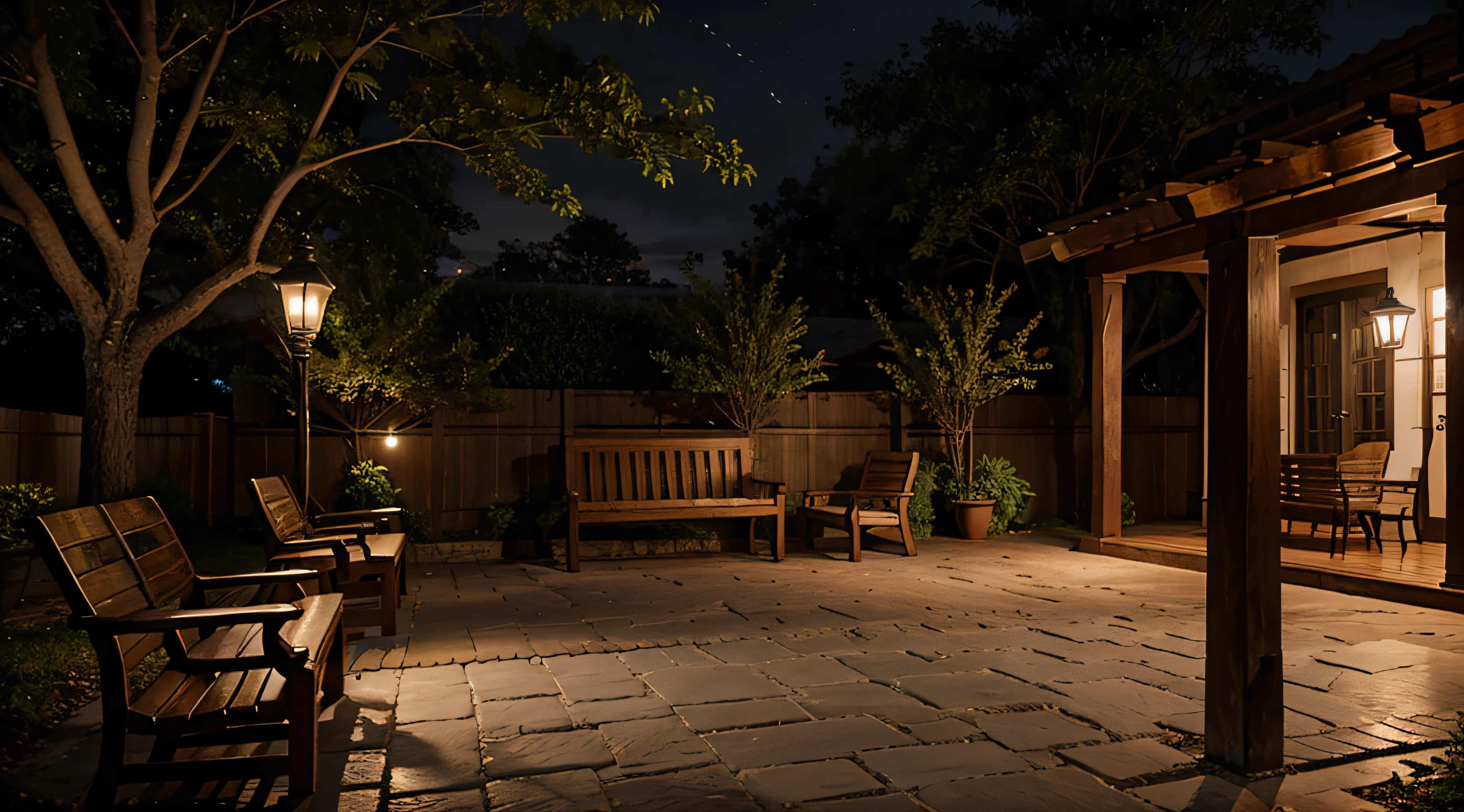 Colonial style square with wooden bench night lighting